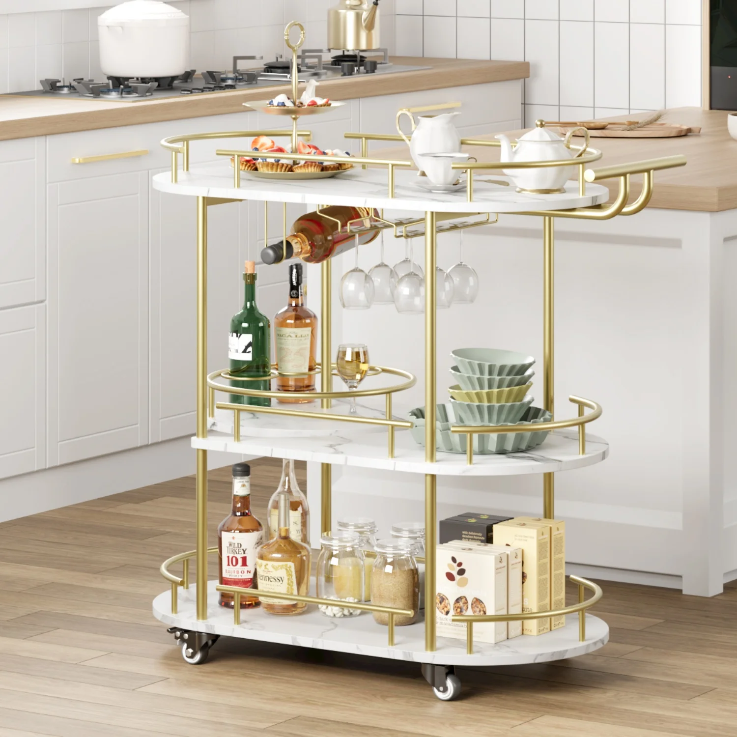 Bar Serving Cart, 3-Tier Storage Shelves Wine Rack and Glass Holder, Golden White - Image 8