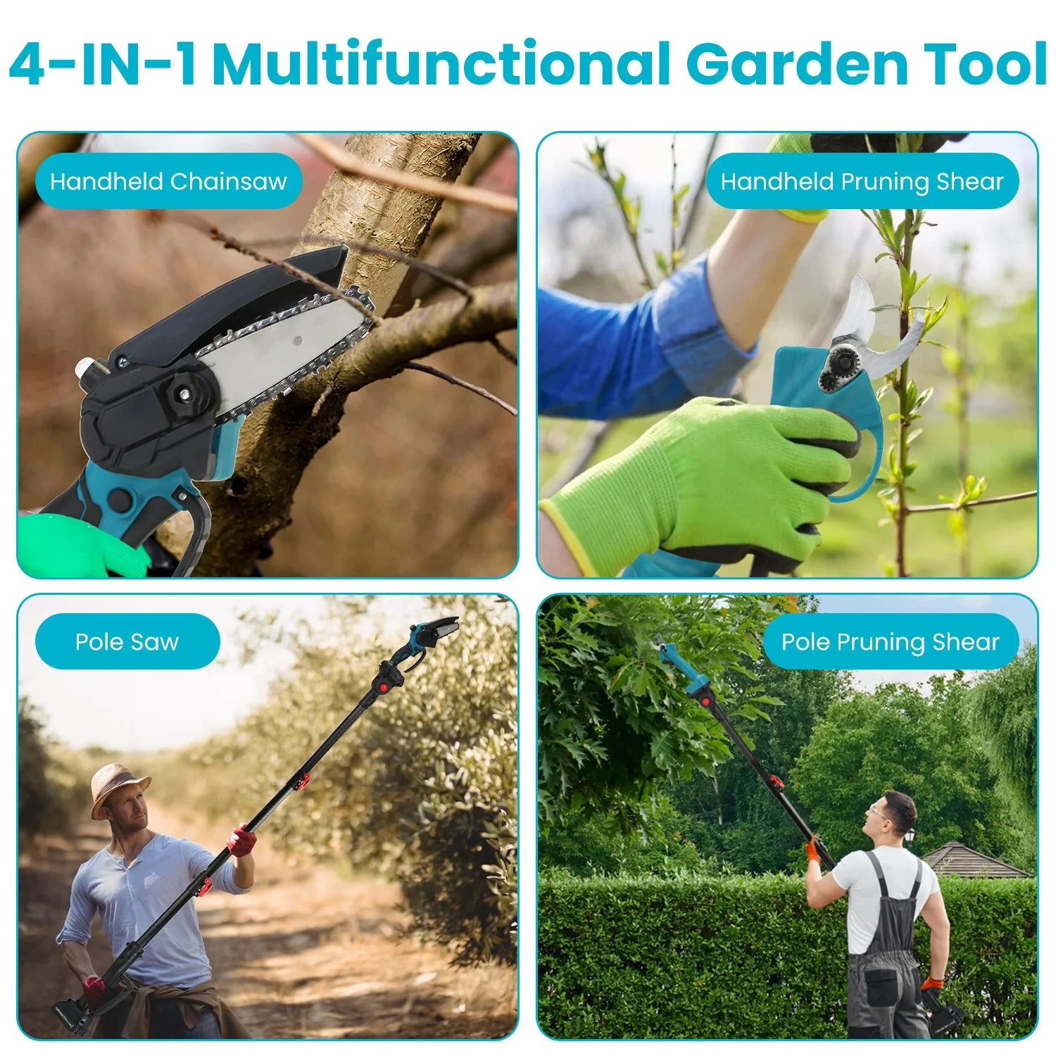 4-in-1 Pole Saw & Electric Pruning Shears for Tree Trimming 4/6 Inch Electric Chainsaw 2x3000mAh Battery 5.5ft Max Extension Pole SK5 Blade Pruning Shears for Gardening