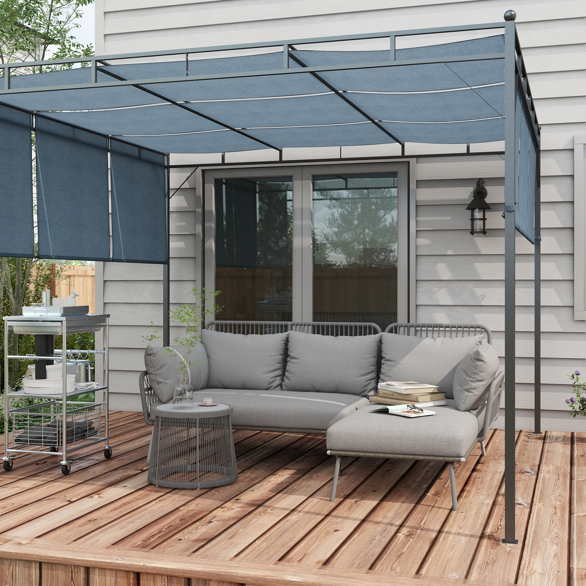 Outsunny Tuin Hoekbank Rattan 2 Zits voor Tuin & Terras, Lichtgrijs