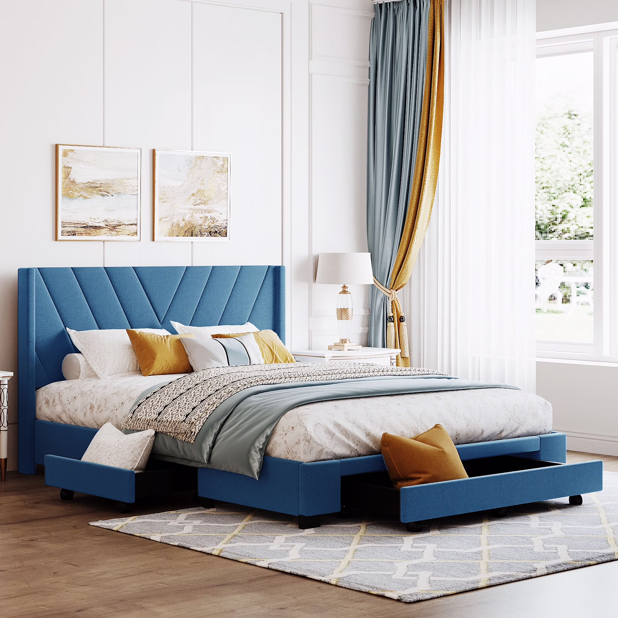 Queen Bed Frame with Storage, New Upgraded Linen Upholstered Platform Bed with 3 Drawers, Queen Size Storage Bed with Headboard and Wooden Slats, No Box Spring Needed, Holds 500lbs, Beige(White) - Image 7