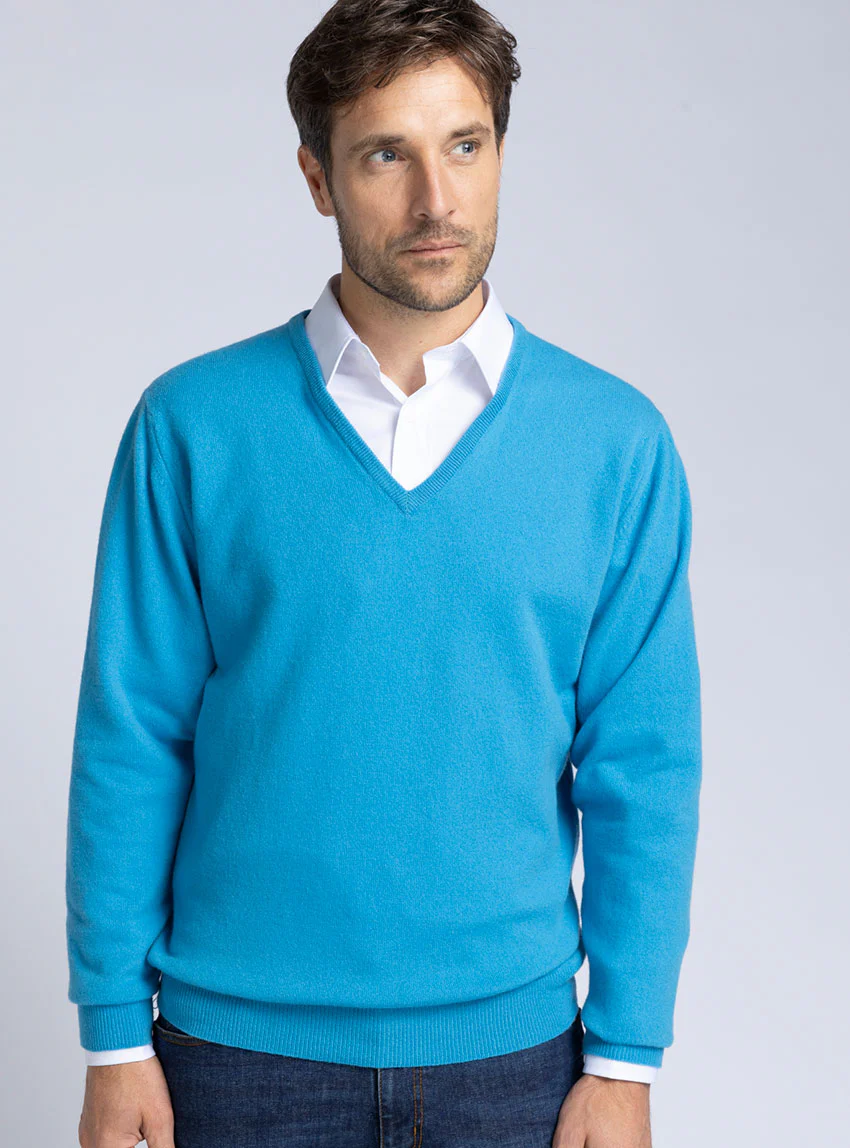 Pull homme col V en cachemire et laine bleu
