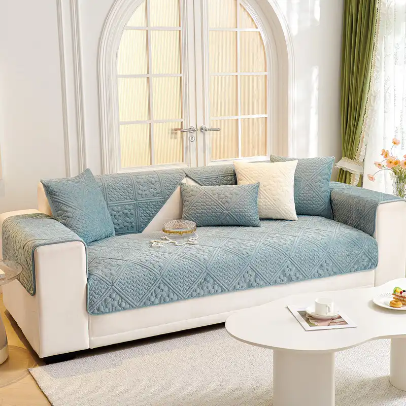 Embossed Geometric Pattern Soft Plush Quilted Non-Slip Couch Cover