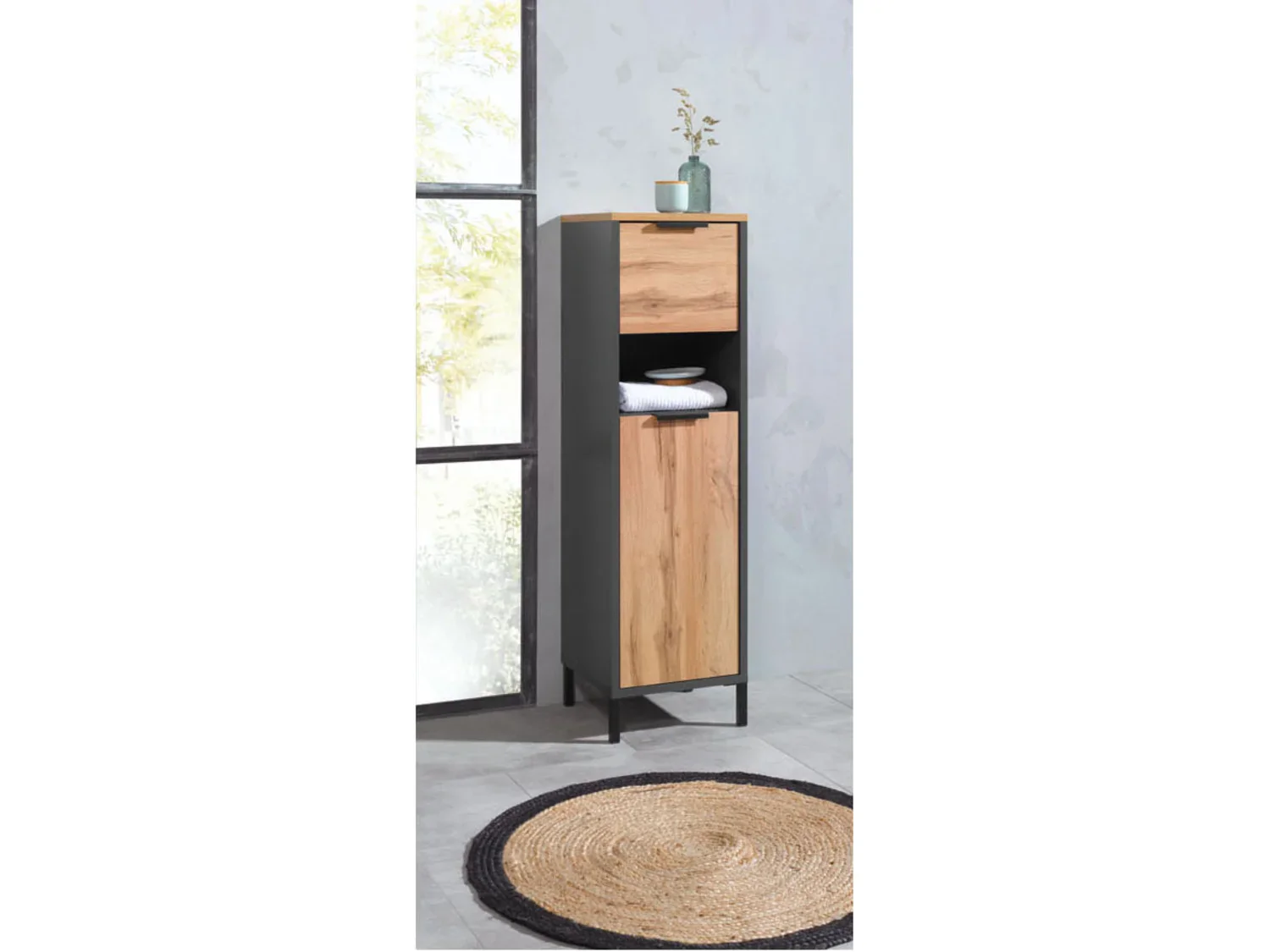 LIVARNO home Armoire latrale de salle de bain San Diego, 34 x 119 x 33 cm, imitation chne/anthracite