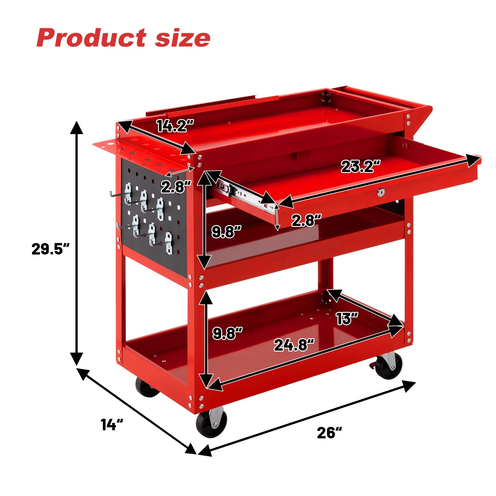 3-Tier Metal Rolling Tool Cart, Lockable Drawer, 330 lbs Capacity, Heavy Duty Utility Cart for Garage Black - Image 6