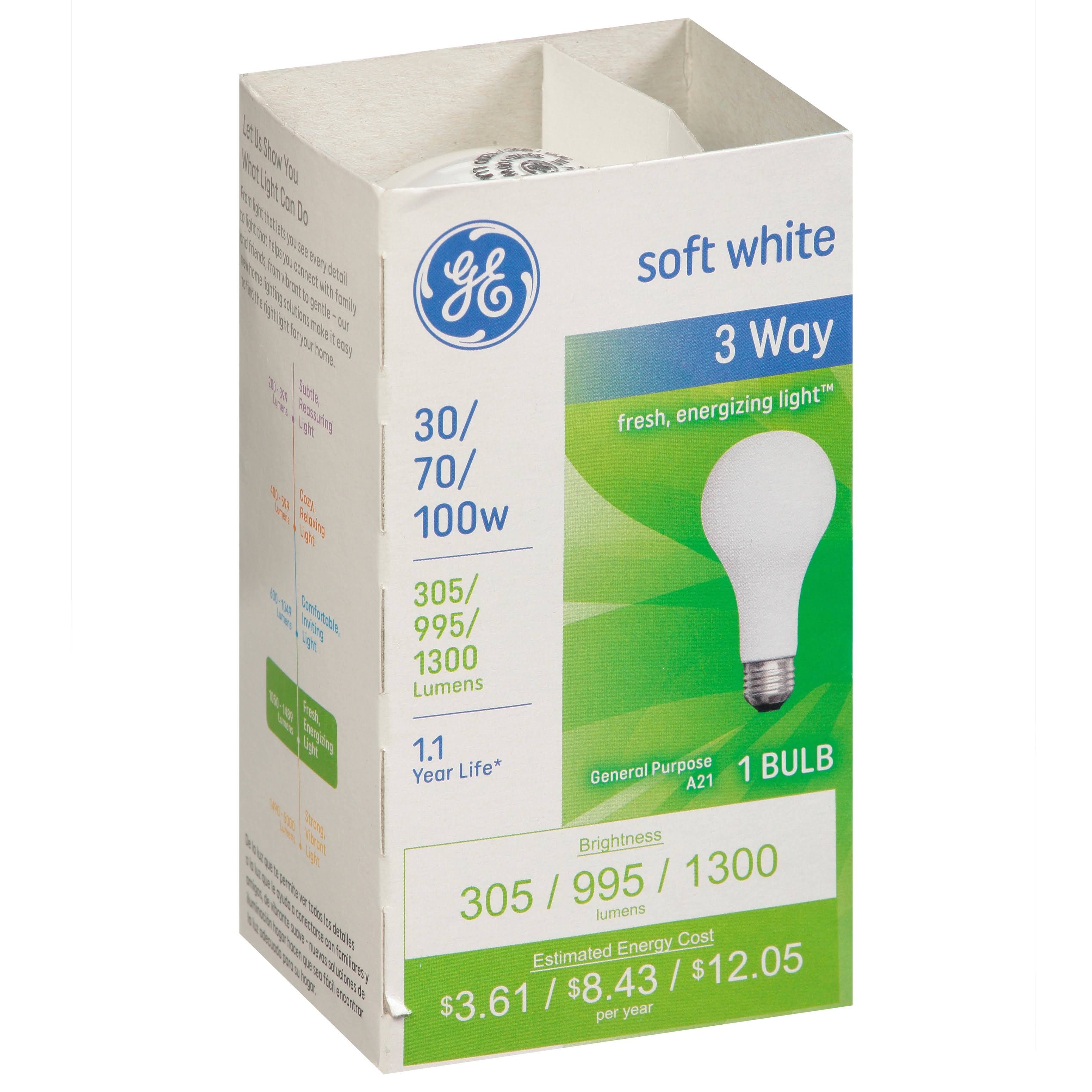 Ge Light Bulb, 3 Way, Soft White, 30/70/100 Watts