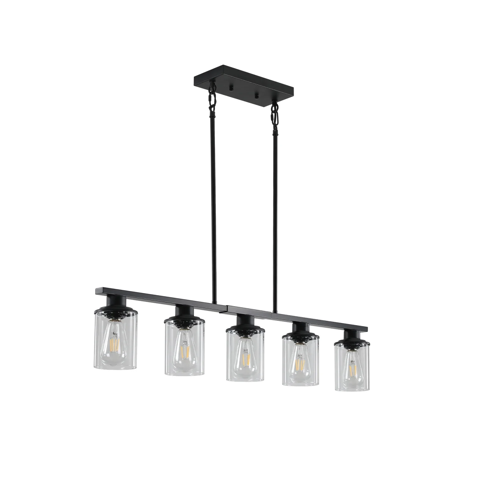 5-Light Kitchen Island Pendant Light, Farmhouse Industrial Chandeliers with Two Metal Rod Supports, Rectangular Island Lights for Kitchen, Living Room, Walnut/Black