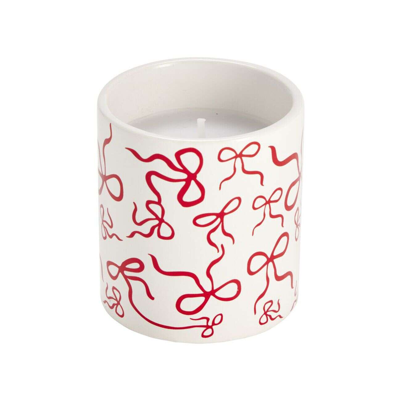 Bougie dans pot céramique blanc motif noeud rouge Ø8xH9cm (2 modèles)