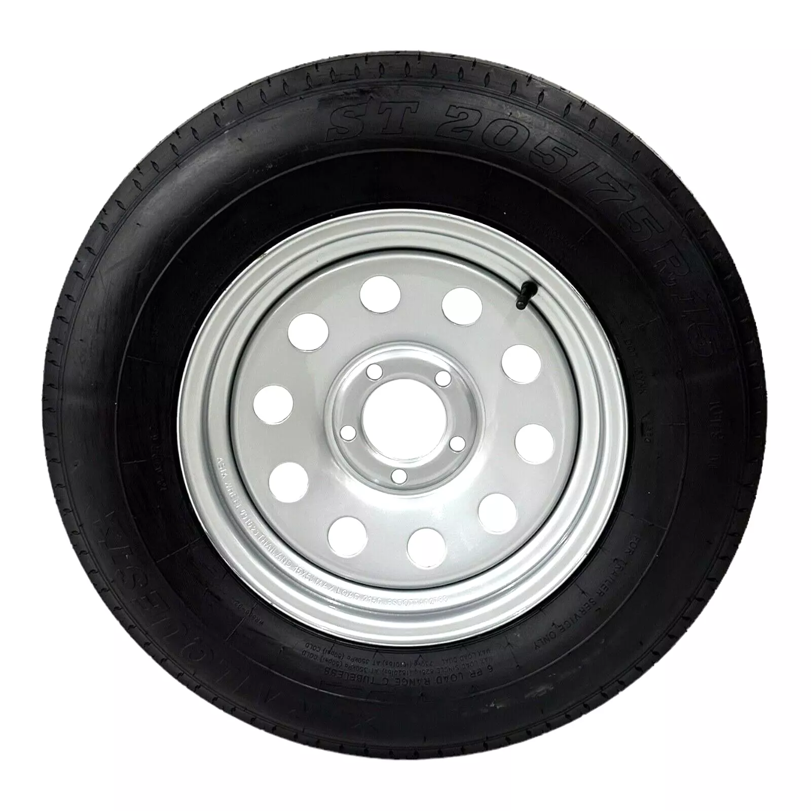 ST205/75R15 TRAILQUEST RADIAL TRAILER TIRE ON RIM, LOAD RANGE C 6 PLY, ON 5 LUG SILVER MODULAR STYLE WHEEL WITH 5x4.5