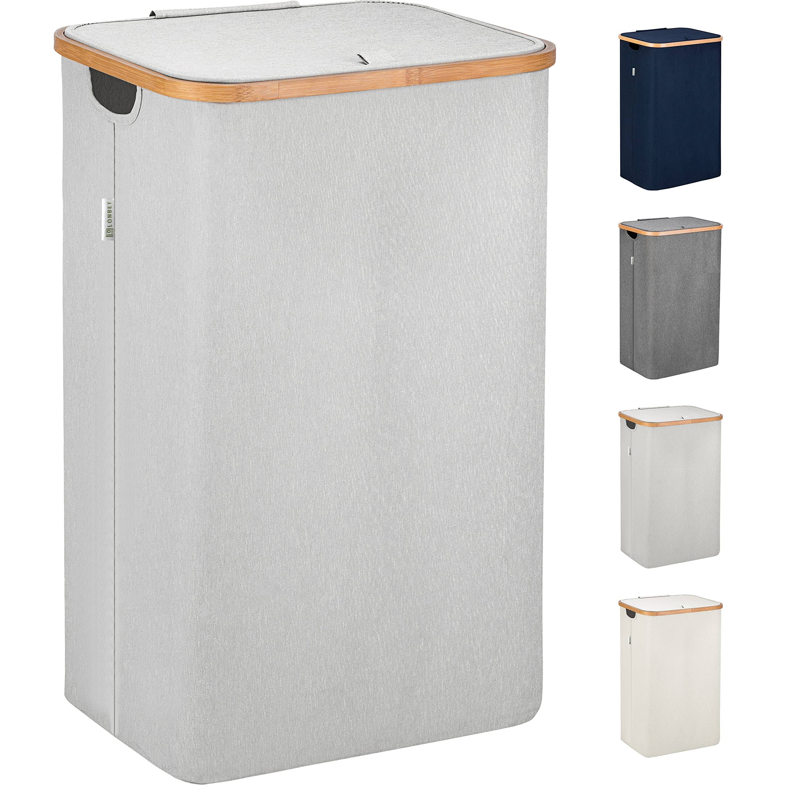 Lonbet - Laundry Hamper with Lid Cover - Sturdy Tall Bamboo Laundry Basket Clothes Organizer - Bedroom Fabric Bin - Big Bathroom Dirty Clothes