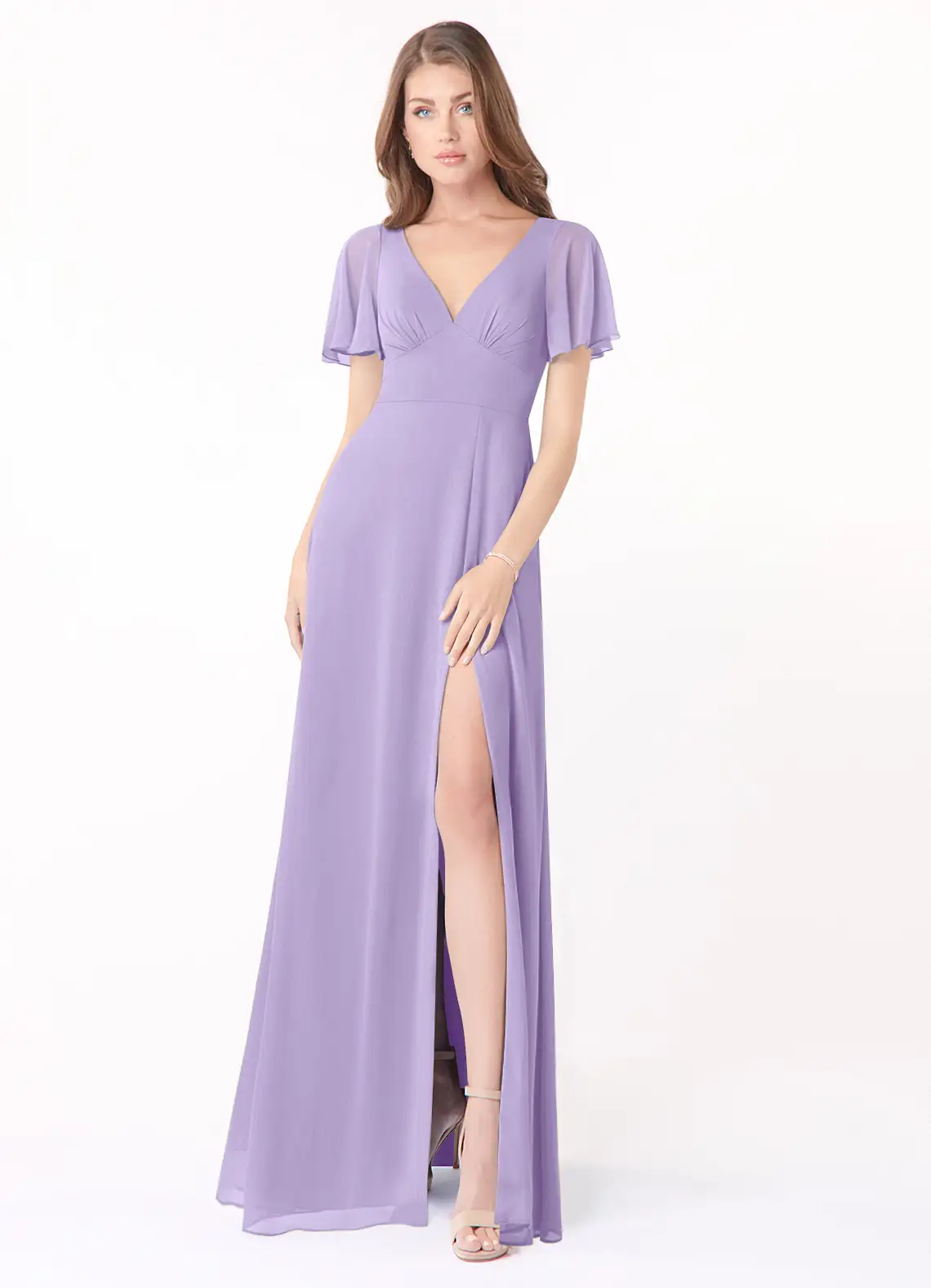 Lilac A-Line Flounce Sleeve Chiffon Dress