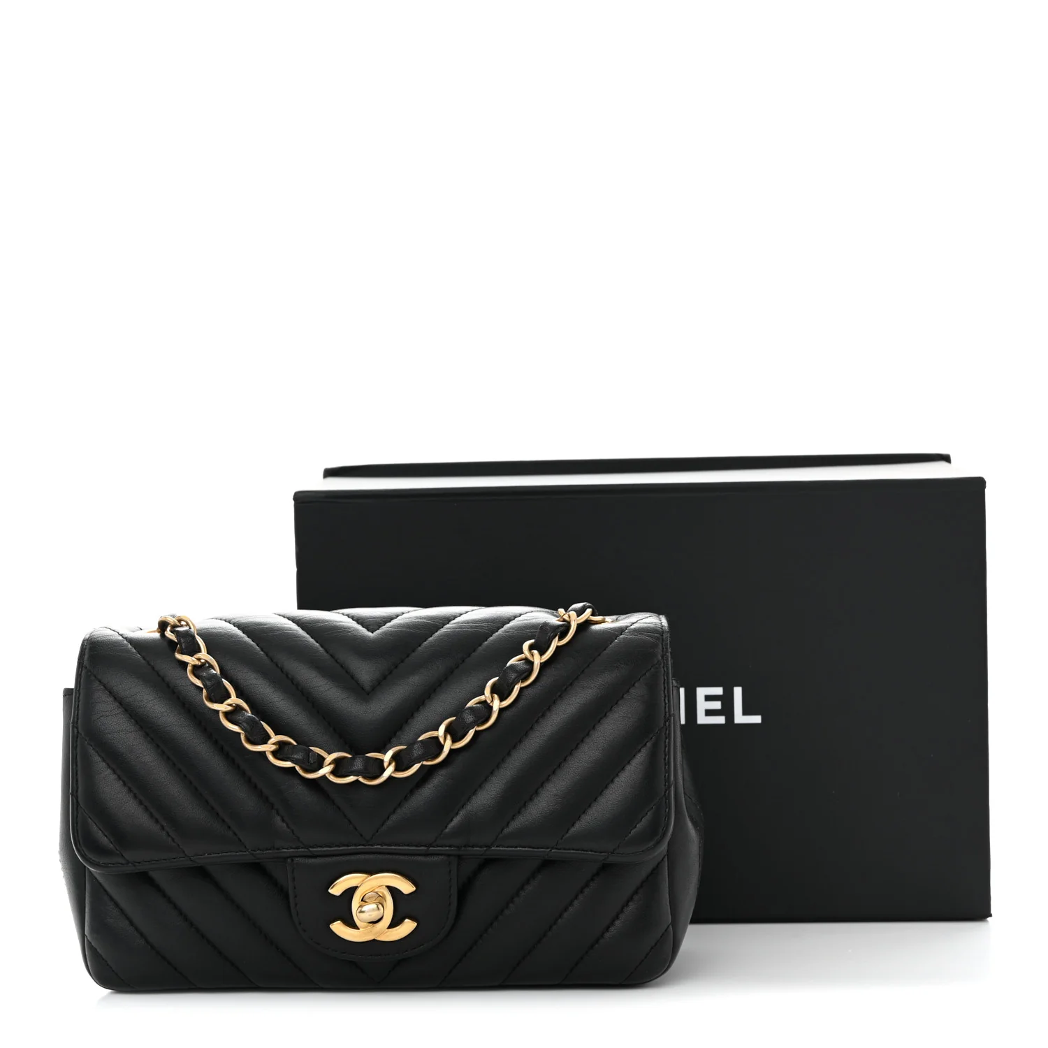 Lambskin Chevron Quilted Mini Rectangular Flap Black