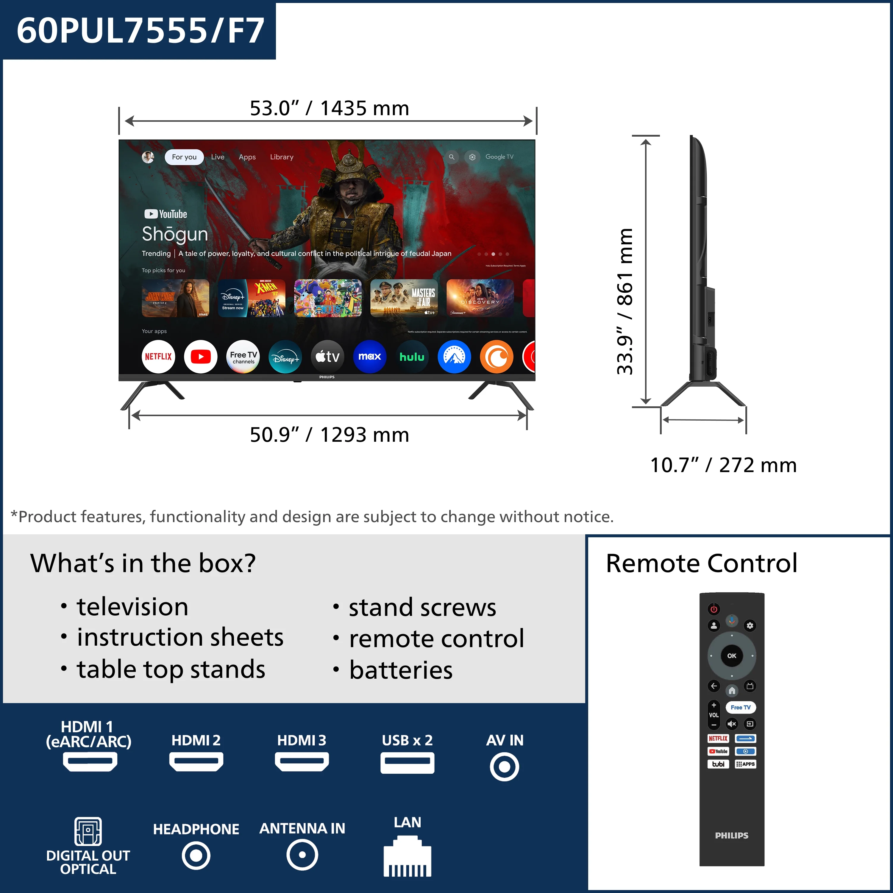 Philips 60 Class 4K Ultra HD (2160p) Google Smart LED TV (60PUL7555/F7)