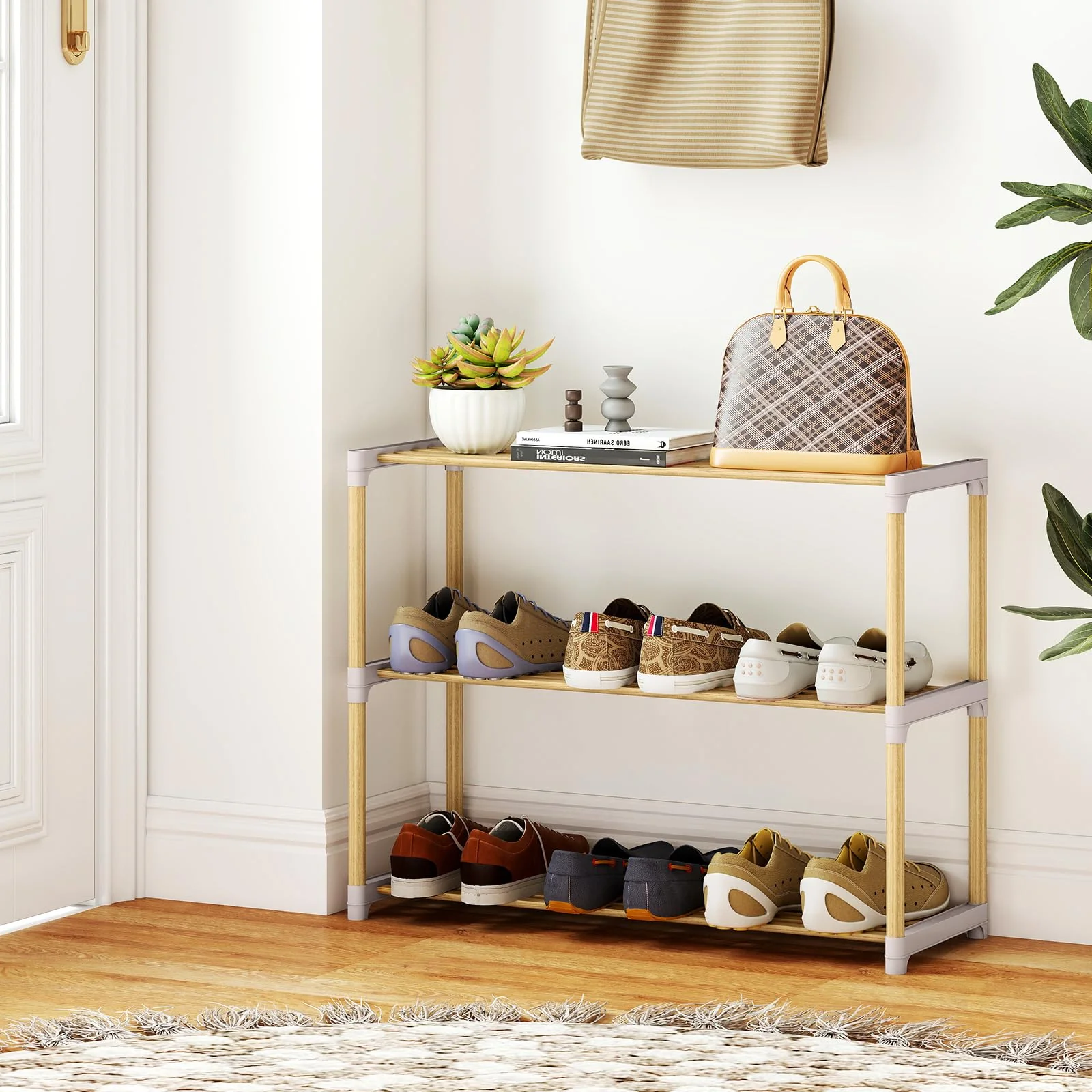 Tangkula 3-Tier Solid Wood Shoe Rack