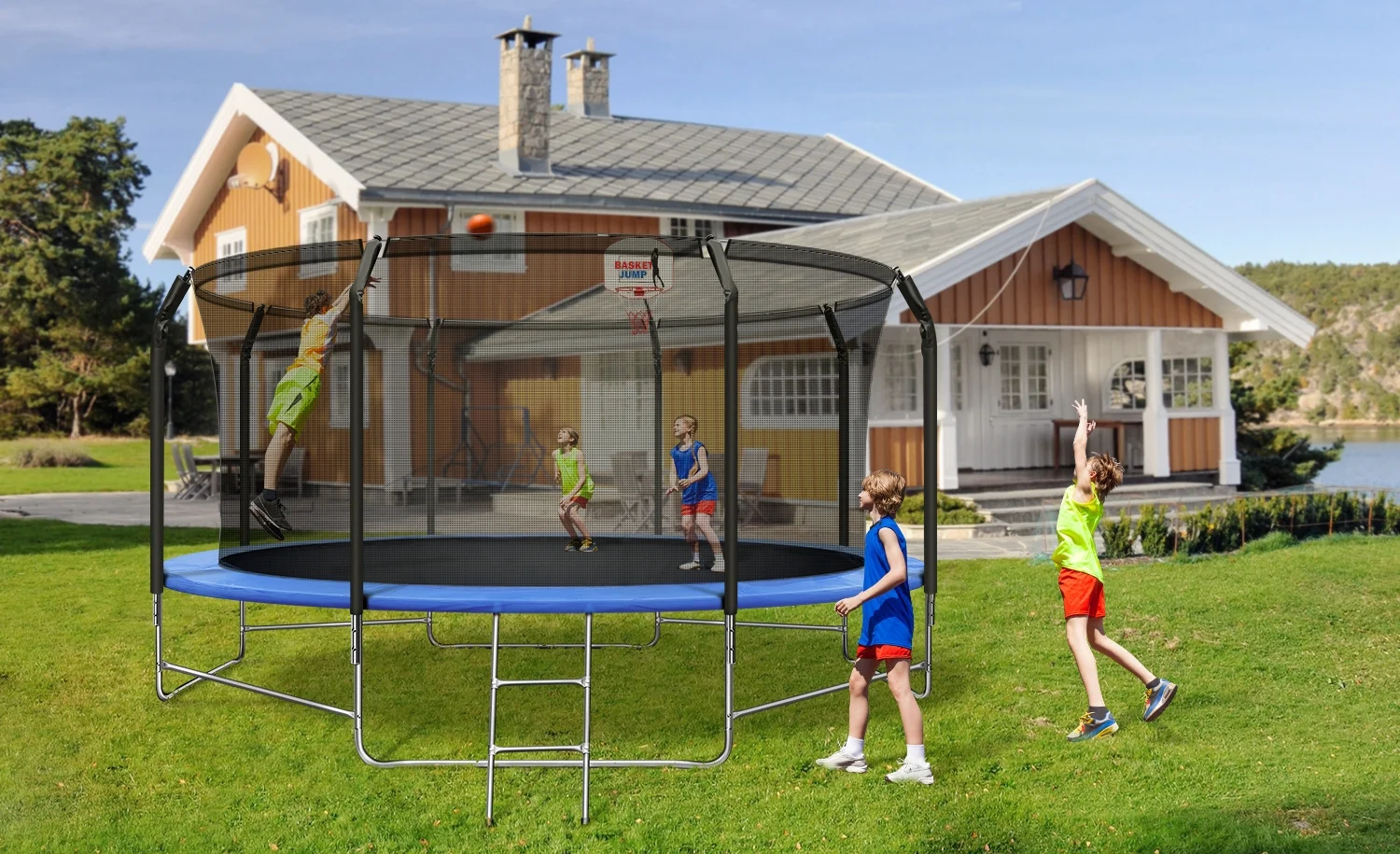 14FT Trampoline for Kids, Trampoline with Basketball HoopSafety Enclosure Net, 880LBS Capacity 4 Kids, Waterproof Mat and Ladder, Outdoor Backyard Trampoline - Image 7