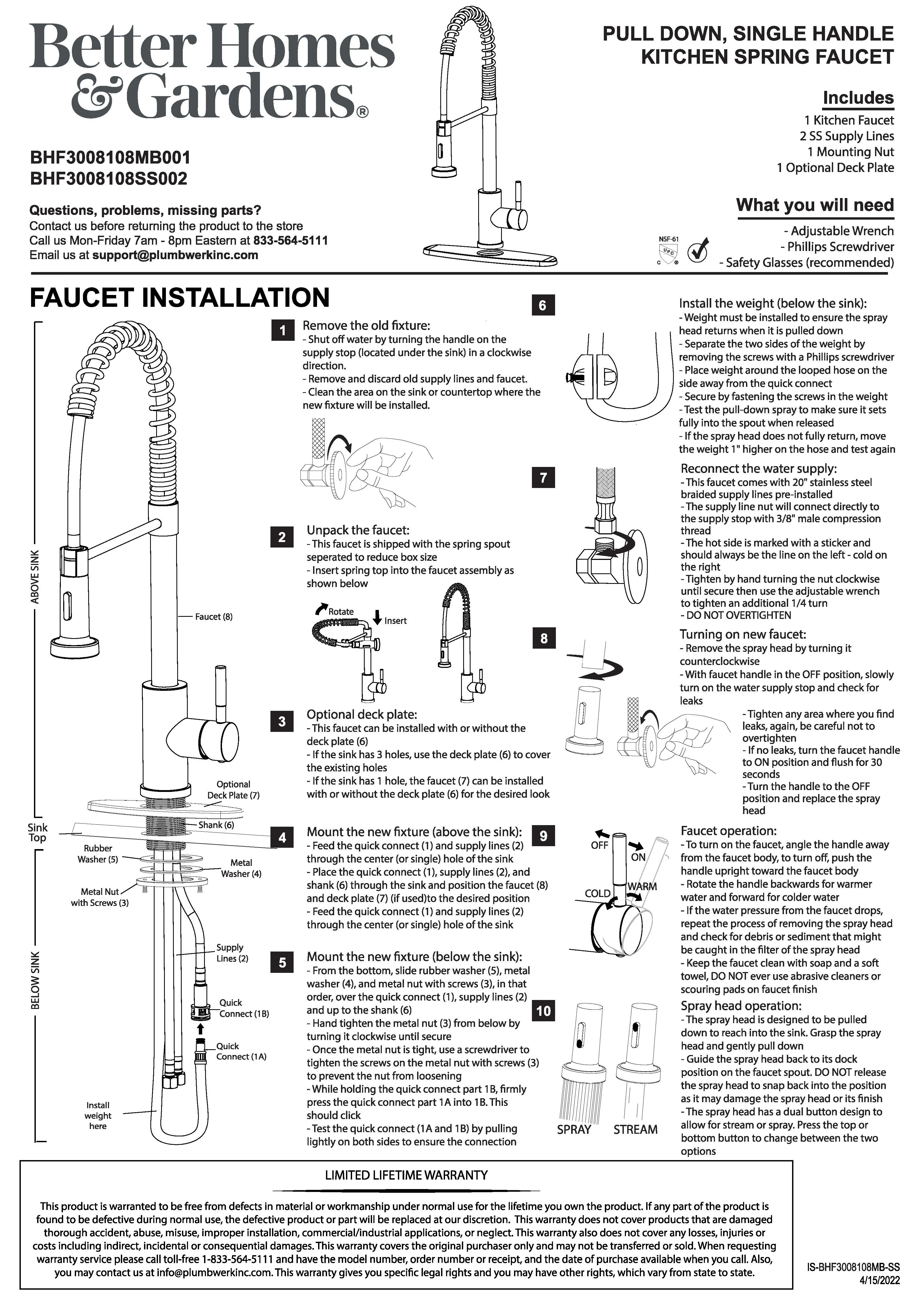 Better Homes & Gardens Elmont Single Handle Pull-Down Kitchen Faucet with Spring Neck, Matte Black