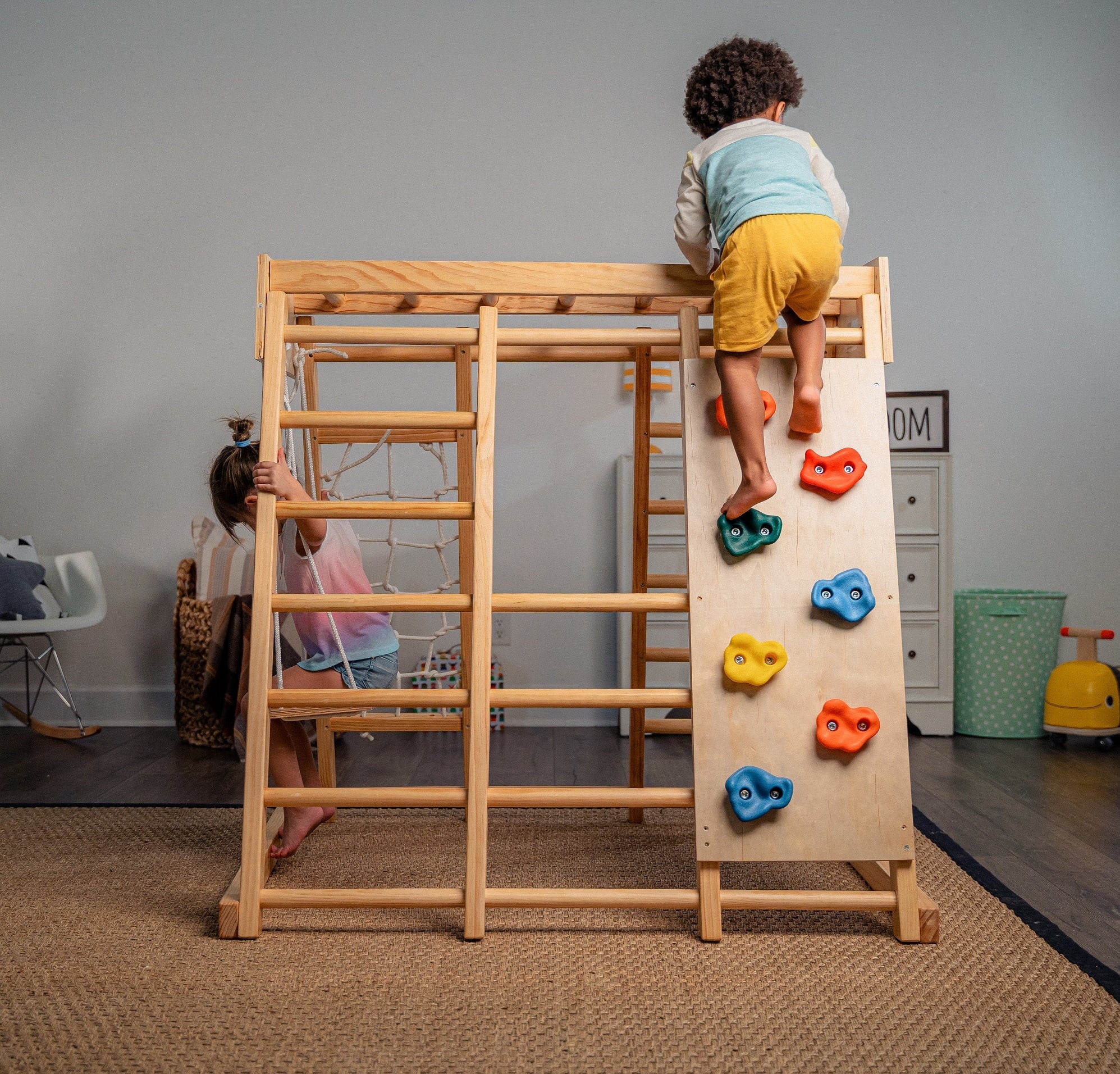 Avenlur Indoor Toddler and Child Indoor Gym Playground Climber Real Wooden Playset 6 in 1 Slide, Rock Climb Wall, Rope Wall Climbing, Monkey Bars, Swing, Ladder Fun Gym for Children Image 10