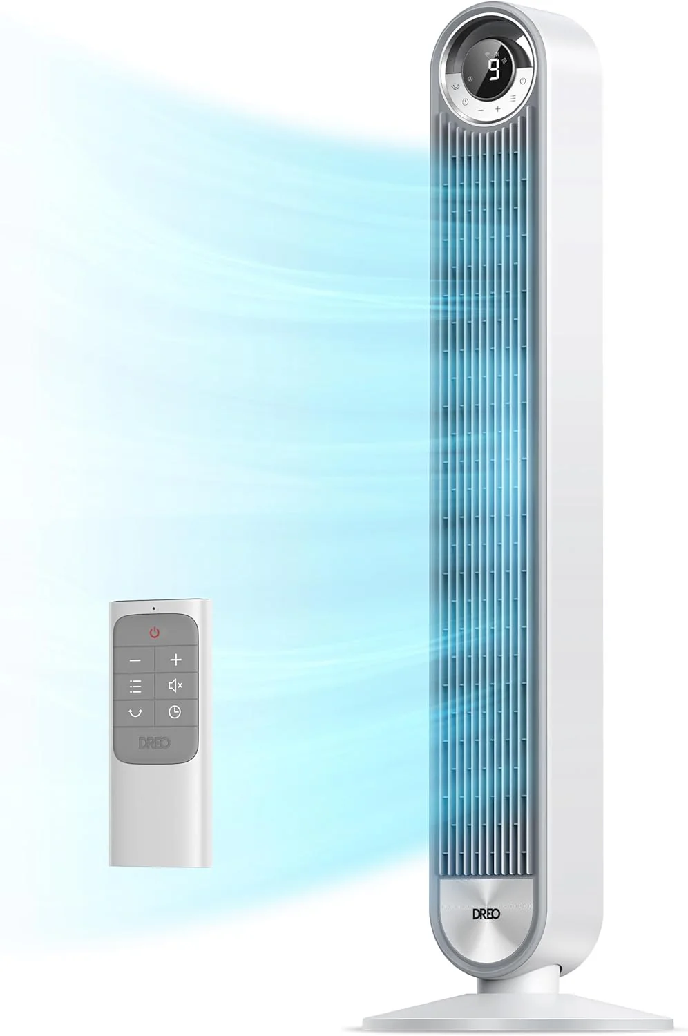Ventilateur tour DREO pour chambre à coucher, ventilateur sur pied oscillant à 90° avec une vitesse de 8,5 m/s, silencieux (20 dB) pour un sommeil paisible, moteur CC, 9 vitesses, 4 modes, minuterie 12 h, commande vocale, application et télécommande,