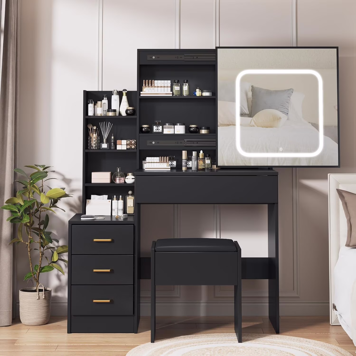 Vanity Desk with Sliding Mirror and Lights, Makeup Vanity Set with Power Outlet, 4 Drawers, Stool, Open Shelves, 3 Color Lighting Modes, Brightness Adjustable, Makeup Dressing Table for Bedroom(black)
