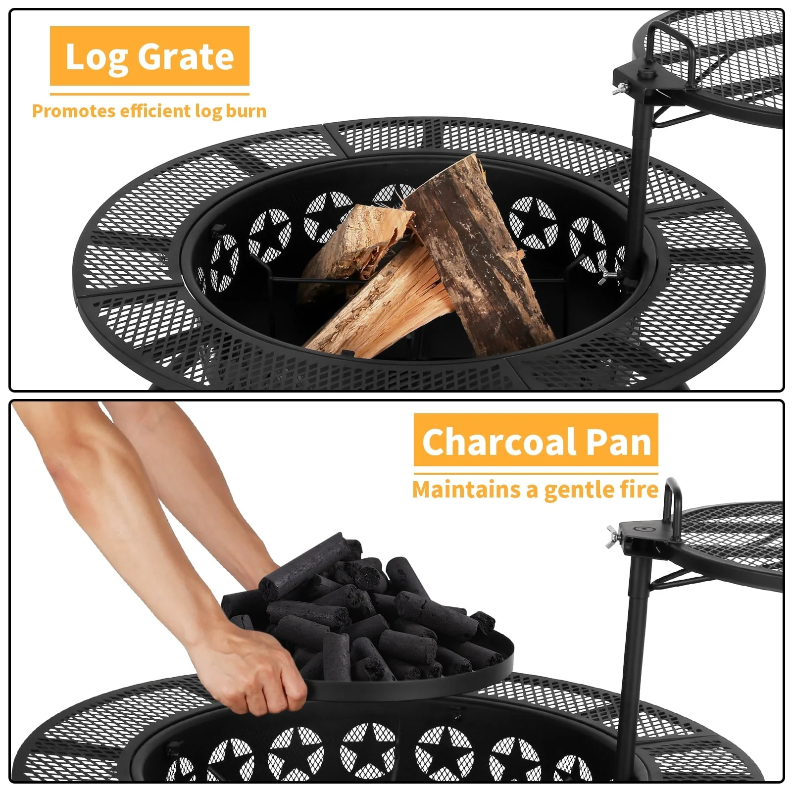 Hykolity 35 Inch Fire Pit with Cooking Grate Charcoal Pan, Outdoor Wood Burning BBQ Grill Firepit Bowl with Cover Lid, Steel Round Table for Backyard Bonfire Patio Picnic Image 3