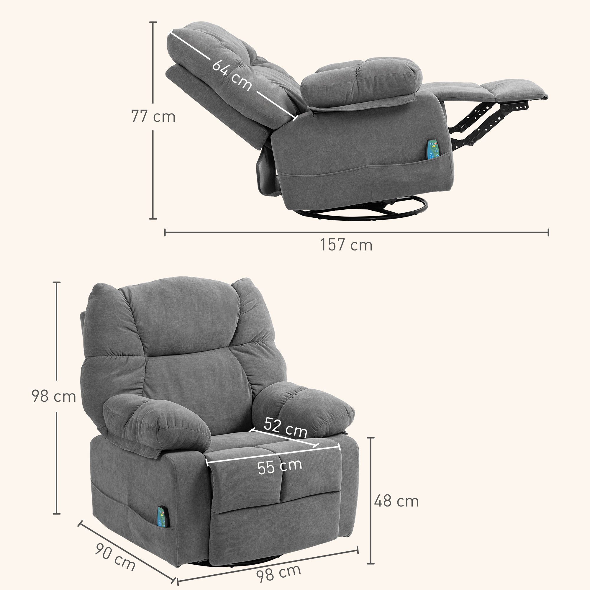 HOMCOM Relaxstoel met Massage- en Ligfunctie, Draaibare Massagestoel, 4 zijzakken en Afstandsbediening, Donkergrijs