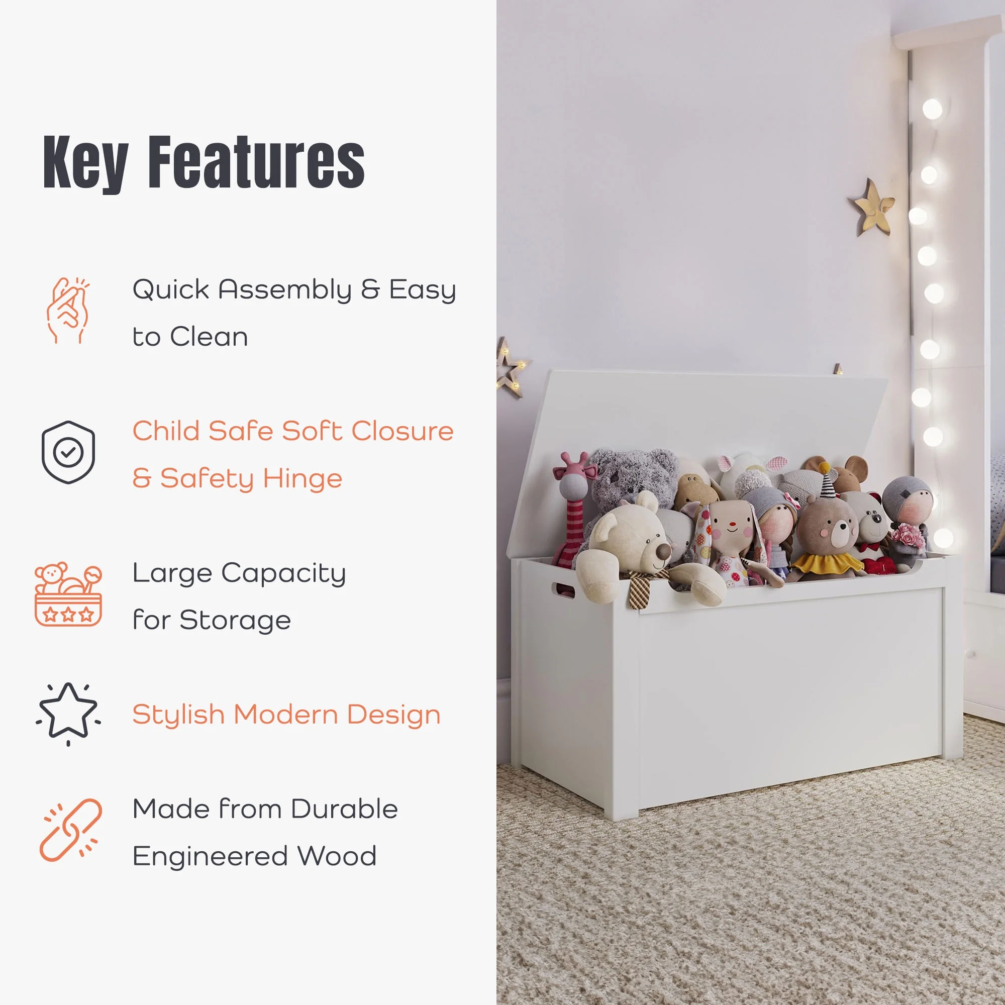 Wooden Toy Box Spacious Storage for Home Organization, White(White) - Image 4