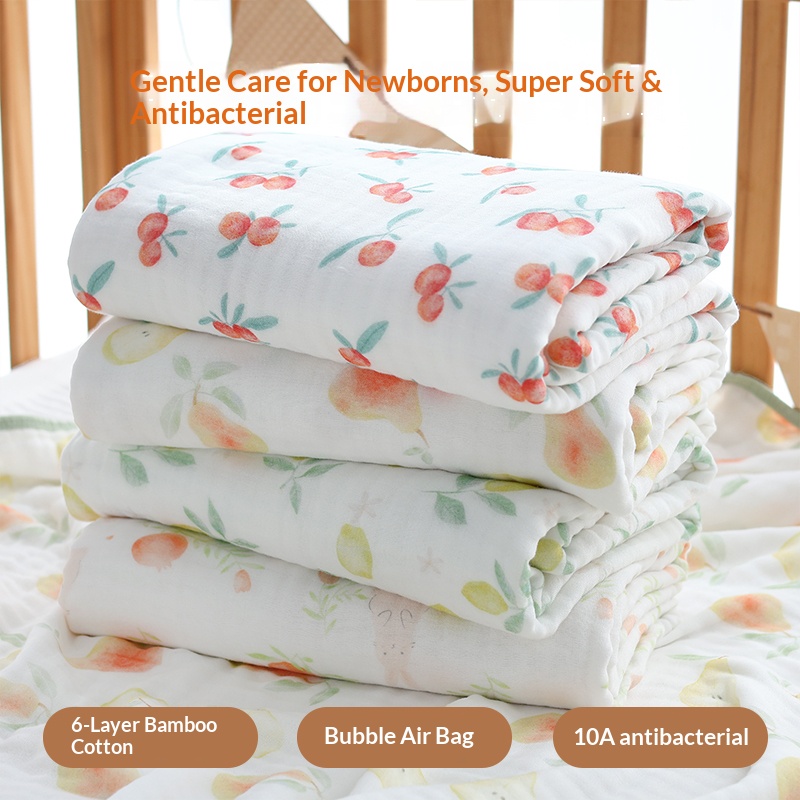 Skin-friendly 6-Layer Bamboo Cotton Baby Blanket Soft Muslin Swaddle Fruit Print Bubble Gauze Quilt for Newborns Nursery Gift