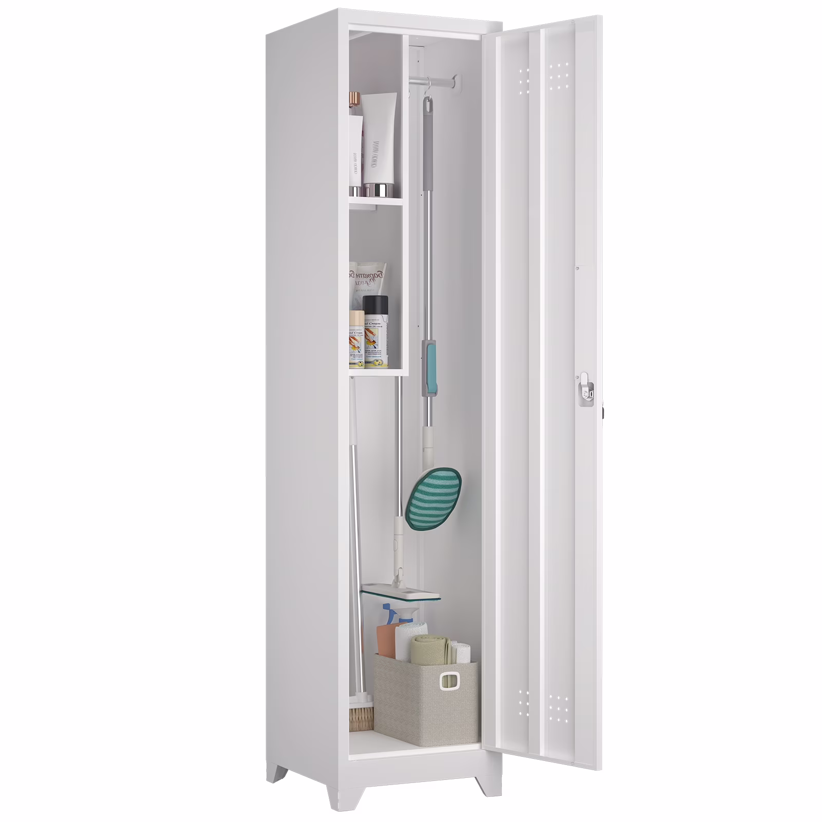 Slim Broom Storage Cabinet, Metal Cabinet with Shelves and Hanging Rod, 65" Utility Storage Cabinet with Locking Door, Tall Cleaning Storage Cabinet for Kitchen, Pantry, Office, Shop, Garage(White)