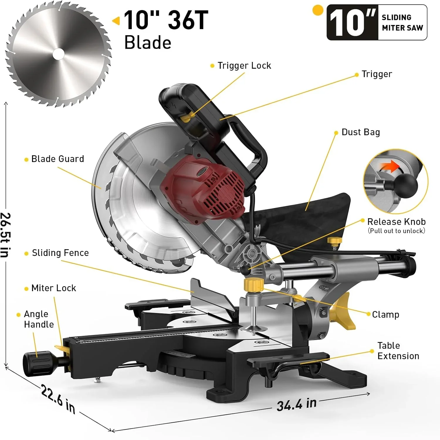 MarvTool 10-inch Sliding Compound Miter Saw Single Bevel 0-45�� with Extension Table 36T Blade