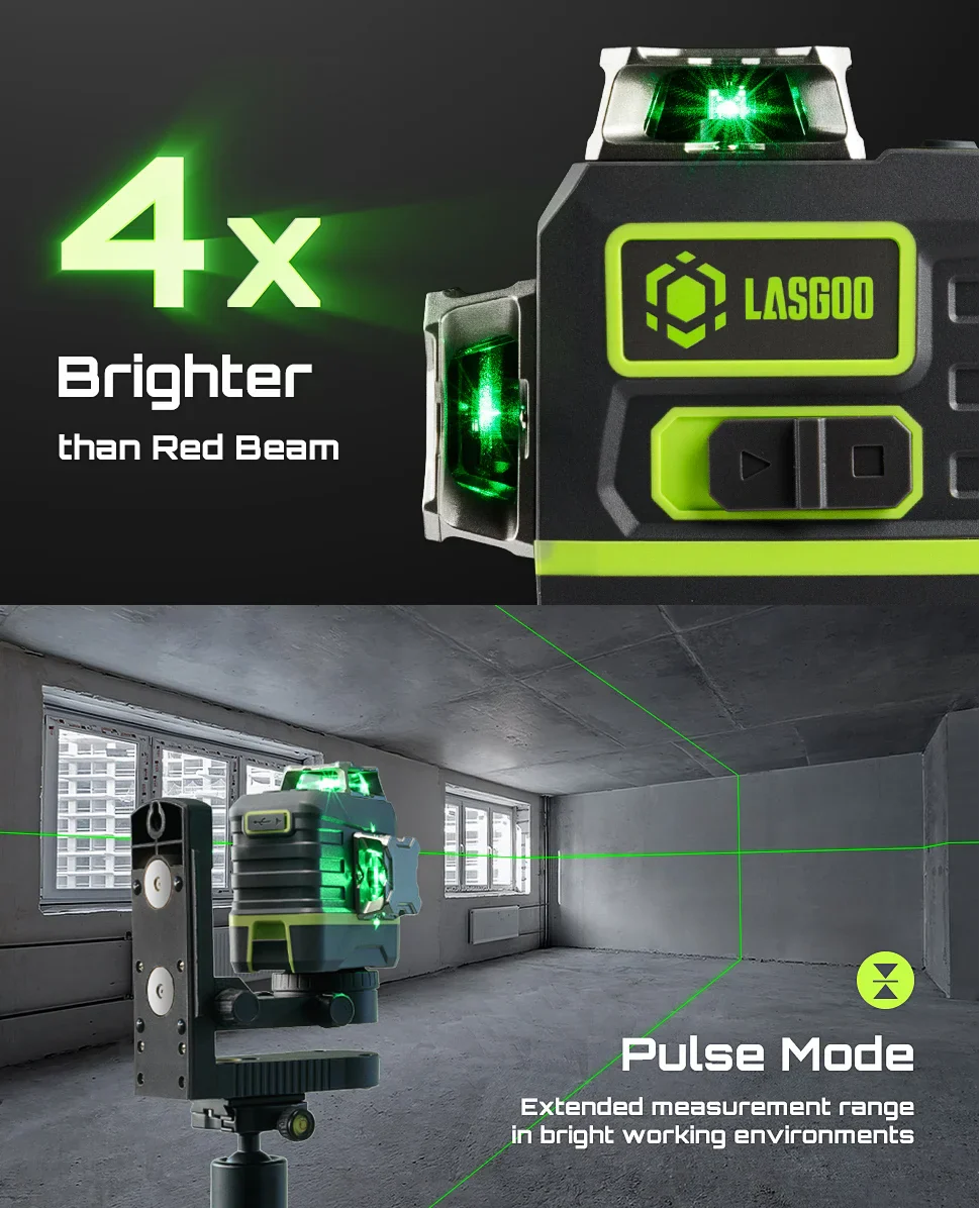 Laser Level 3x360�� LASGOO with Remote Control, 2 Rechargeable Batteries, 100FT Range, 360�� Magnetic Rotating Stand, IP54, 3Ds