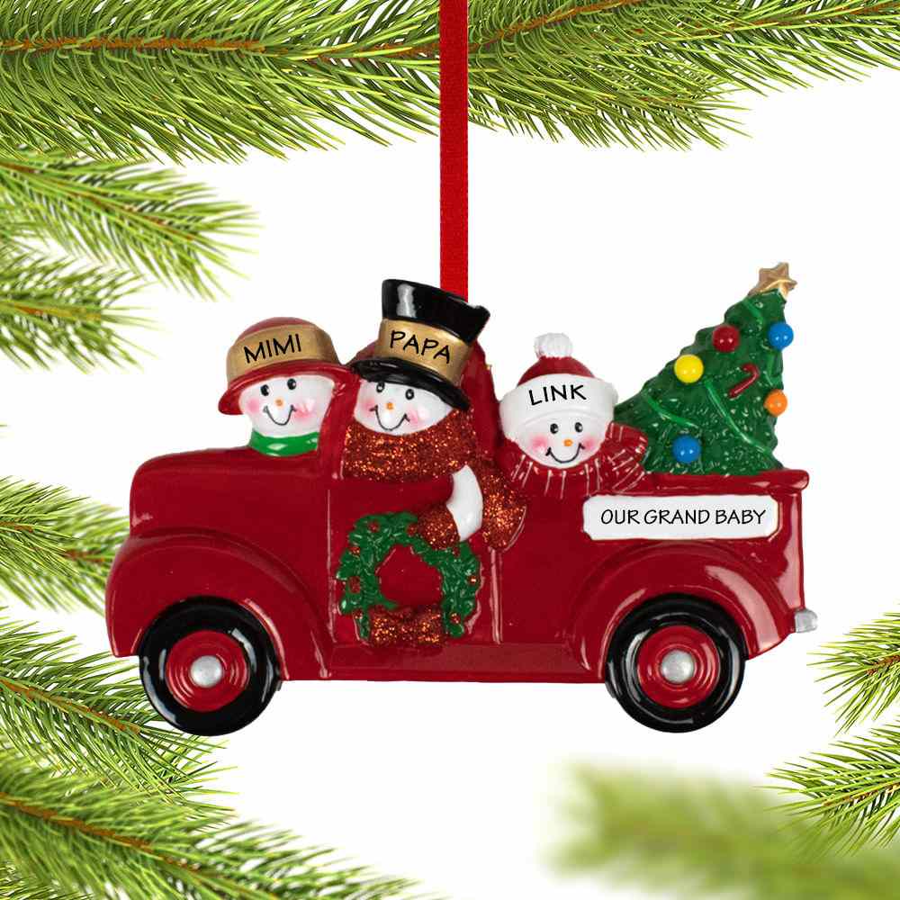 Vintage Red Truck Snowman Family Personalized Ornament - 2, 3, 4, 5, 6 Family Members