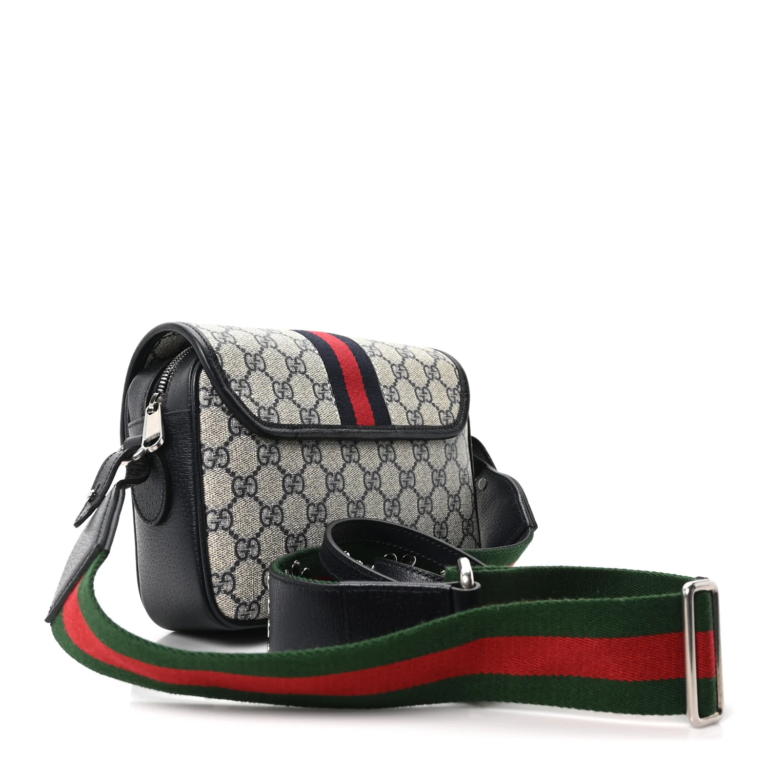 GG Supreme Monogram Textured Dollar Calfskin Web Studded Mini Ophidia Flap Shoulder Bag Beige Blue
