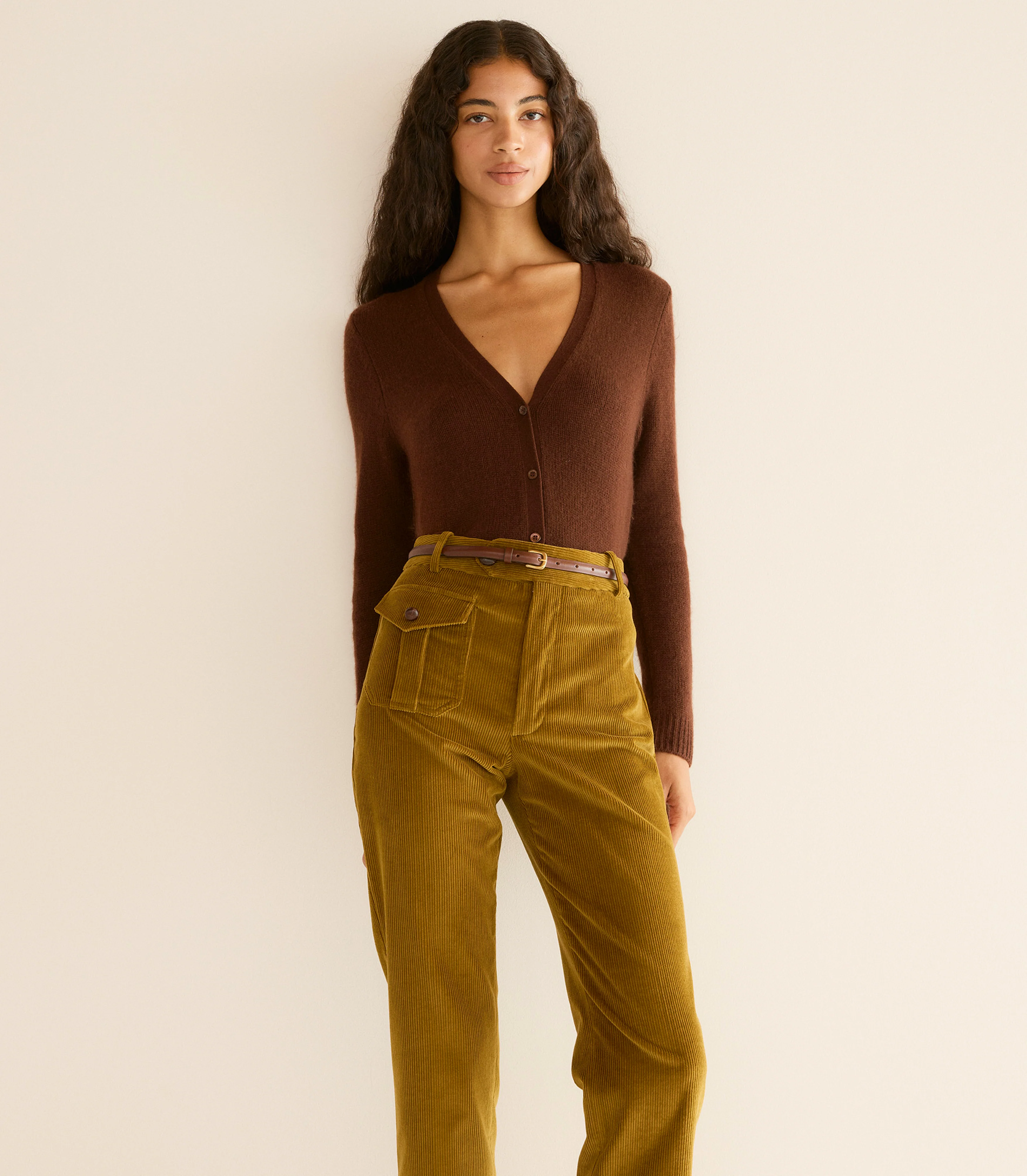 CAMERON CASHMERE CARDIGAN -- DARK UMBER