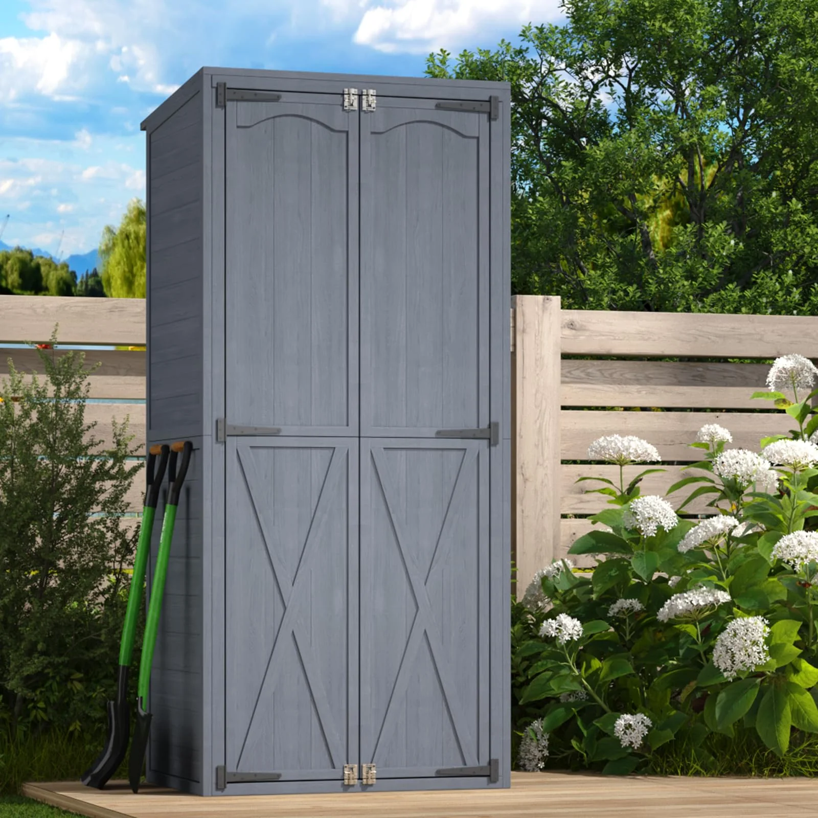 AECOJOY Outdoor Wooden Storage Cabinet Weatherproof, Garden Vertical Storage Shed with 3 Adjustable Shelves