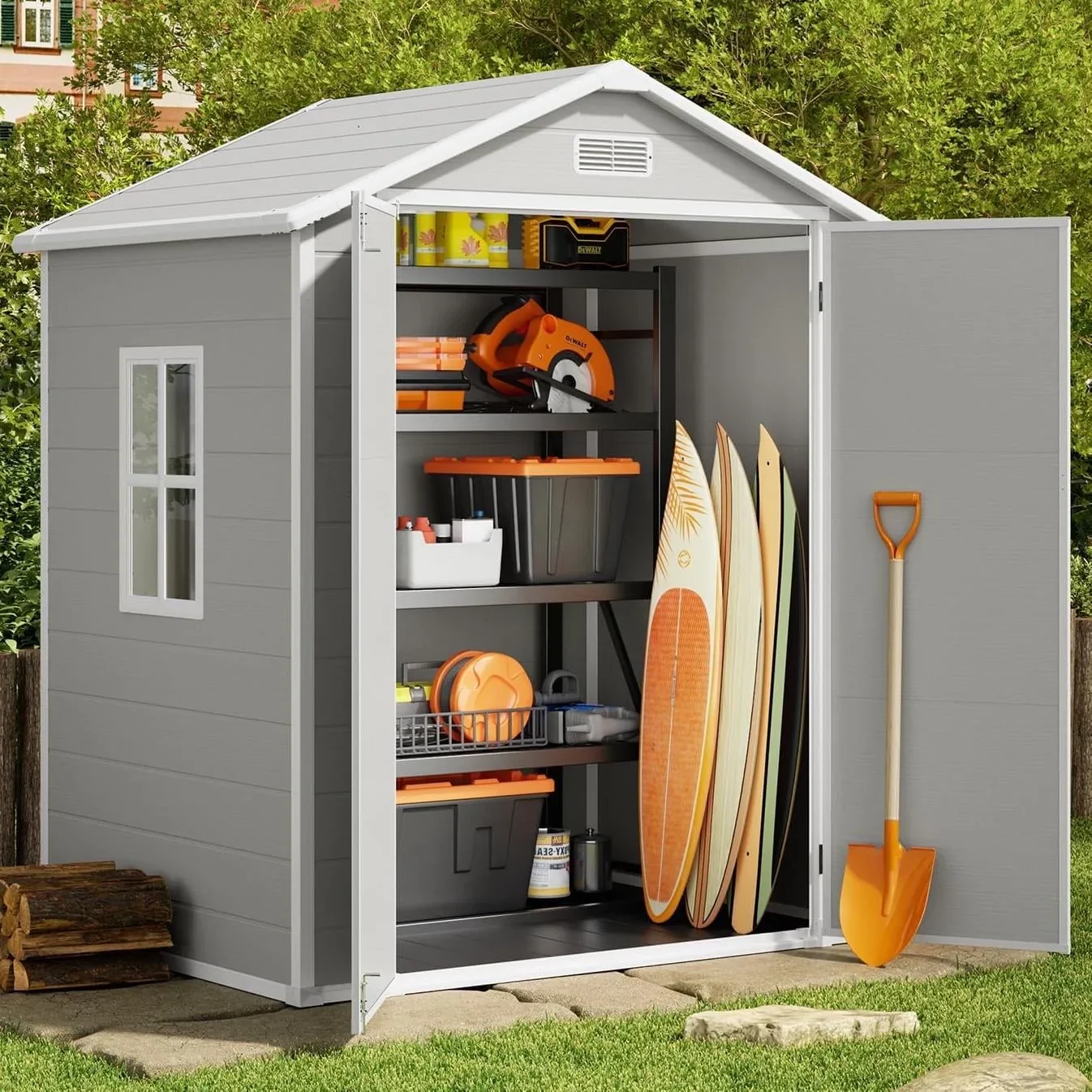 6x4 FT Resin Storage Shed, Lofka Plastic Outdoor Shed  with Heavy Duty Floors, 135.6 cu ft, Colorfast, Side Window, Double Lockable Doors for Garden Backyard