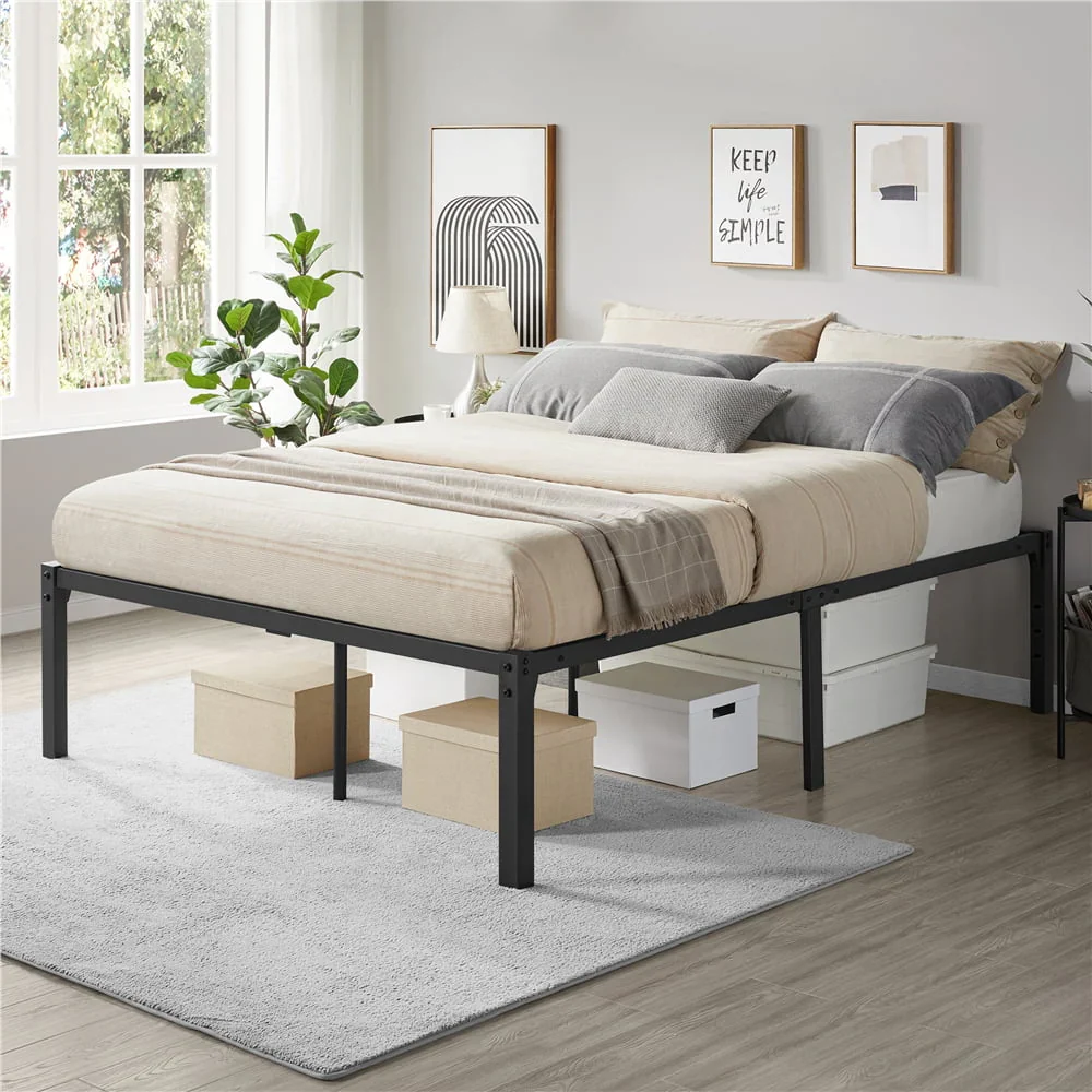 Alden Design Metal Platform Queen Bed Frame with Heavy Duty Steel Slat Support, Black