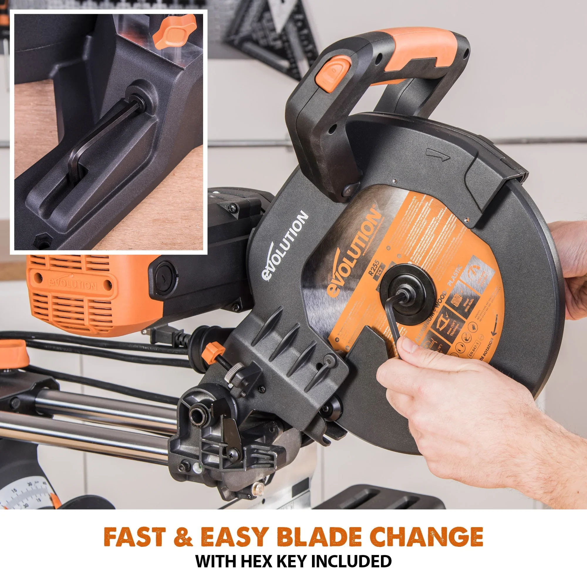 Evolution R255SMS-DB+: Dual Bevel Sliding Miter Saw With 10 in. Multi-Material Cutting Blade