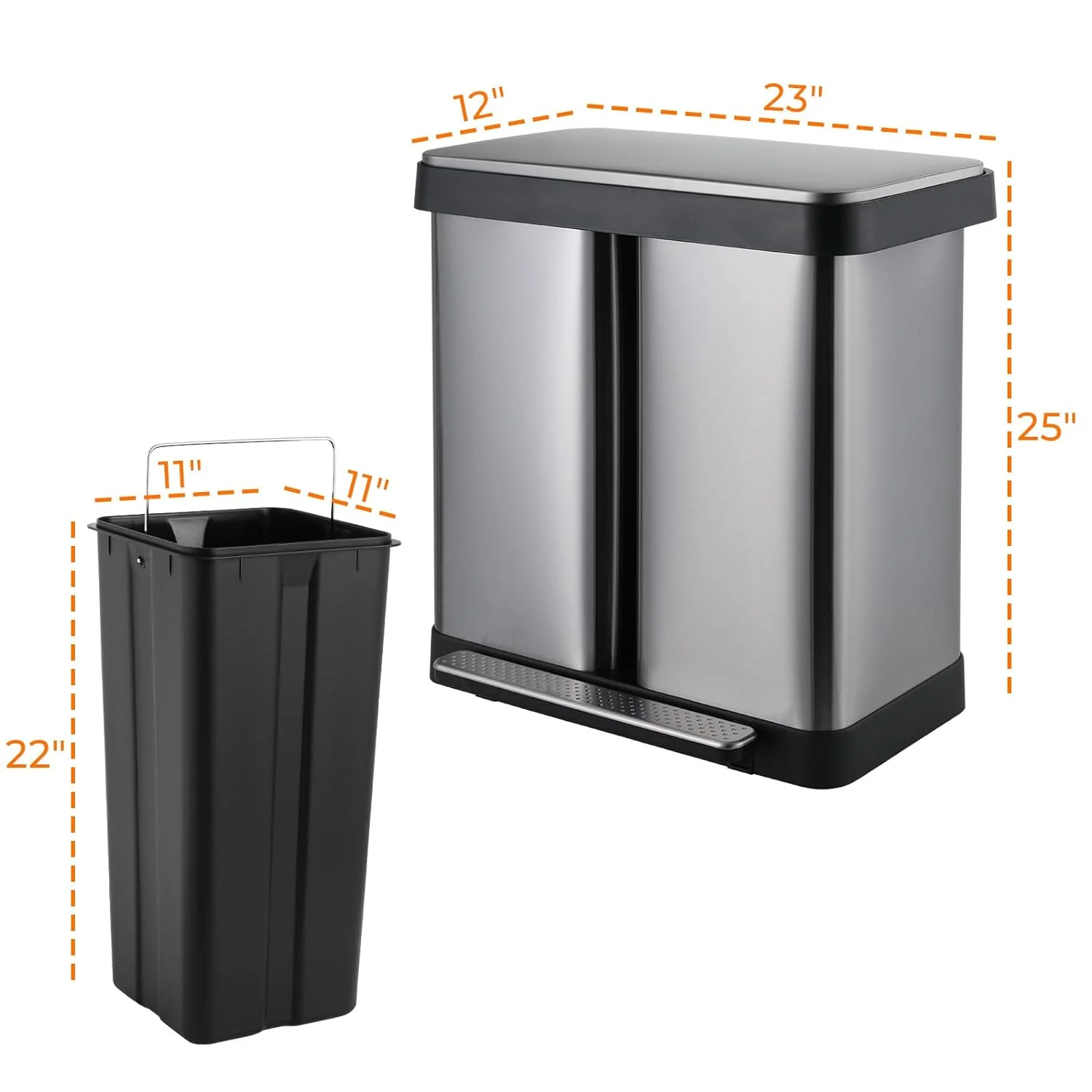16 Gallon / 60L Dual Trash Can, Stainless Steel Kitchen Garbage Can with Soft-Close Lid, Home Office Classified Recycle Bin(Silver) - Image 2