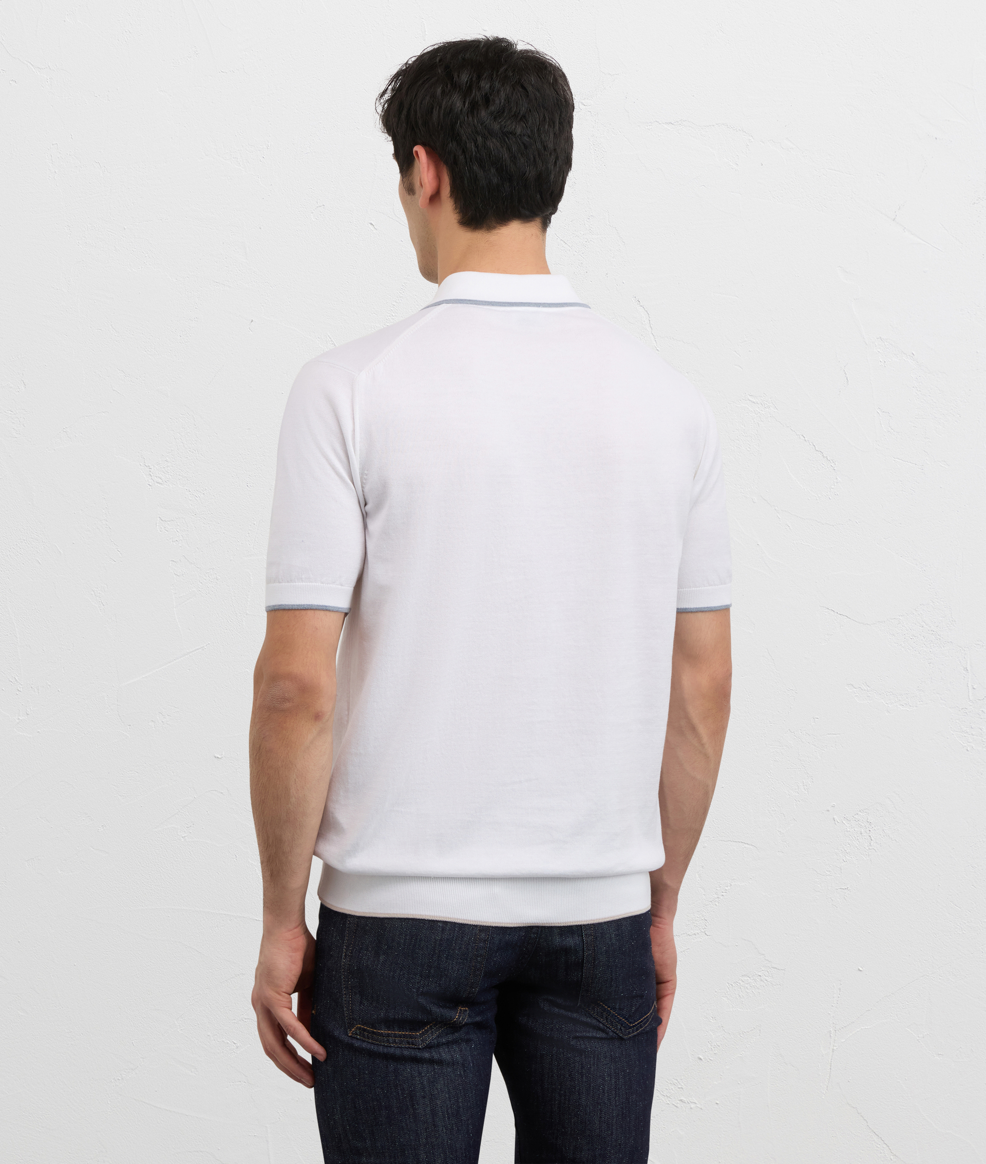 WHITE COTTON KNIT SHORT SLEEVED POLO SHIRT WITH INLAY DETAILS