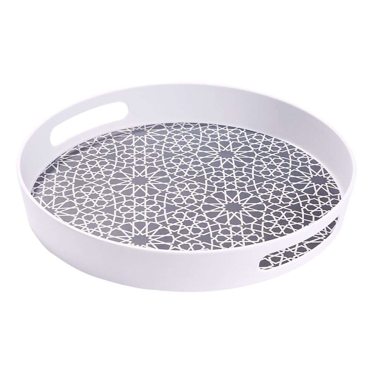 Plateau rond mélaminé motif géométrique blanc et bleu Ø34,5xH5cm