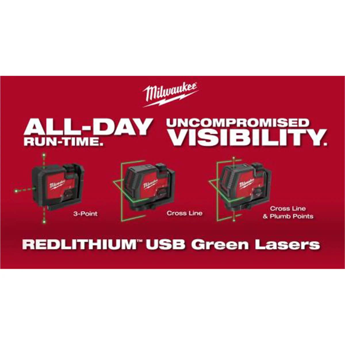 Milwaukee Tool USB Rechargeable Green Cross Line & Plumb Points Laser