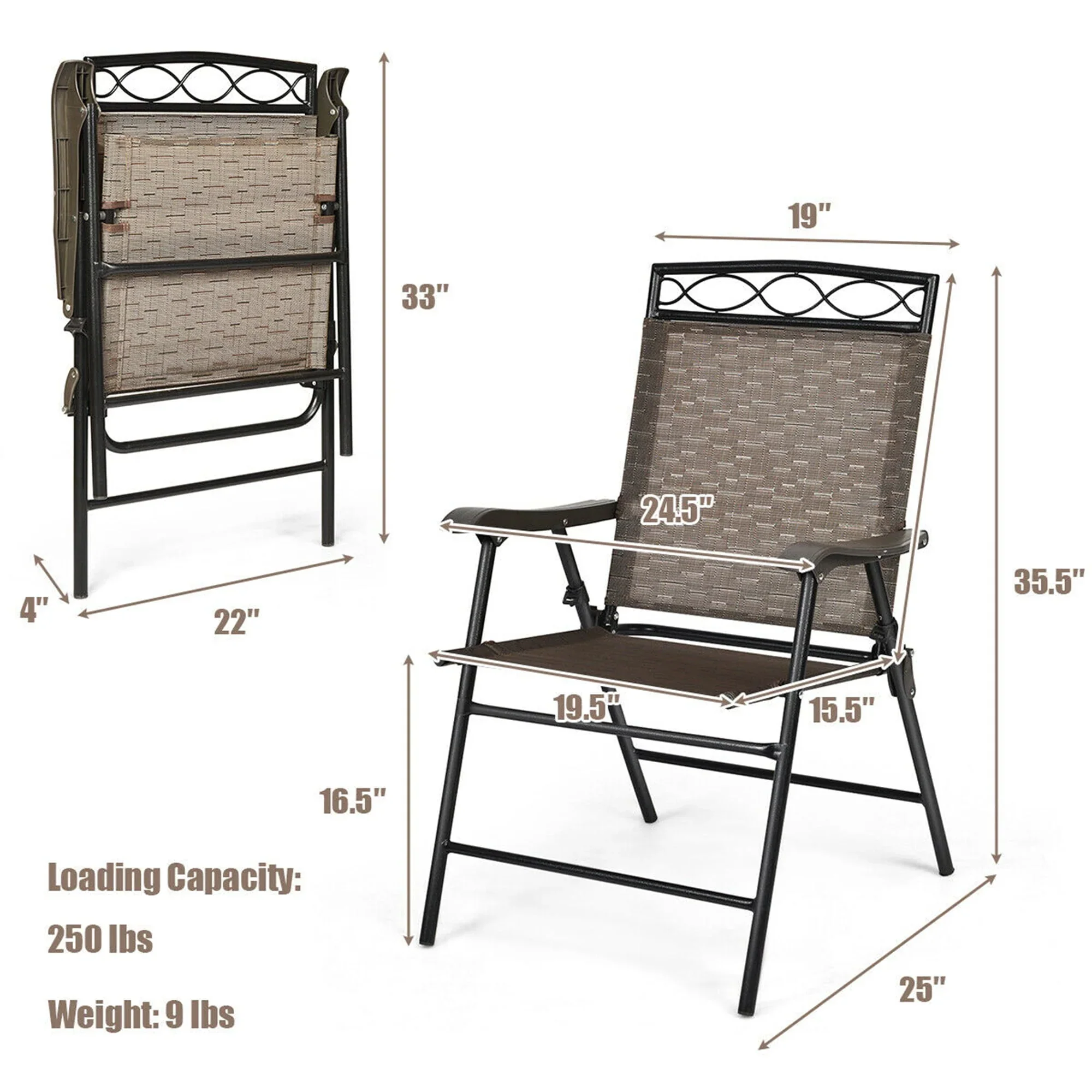 Gymax 2PCS Folding Chairs Patio Garden Outdoor w/ Steel Frame Armrest Footrest