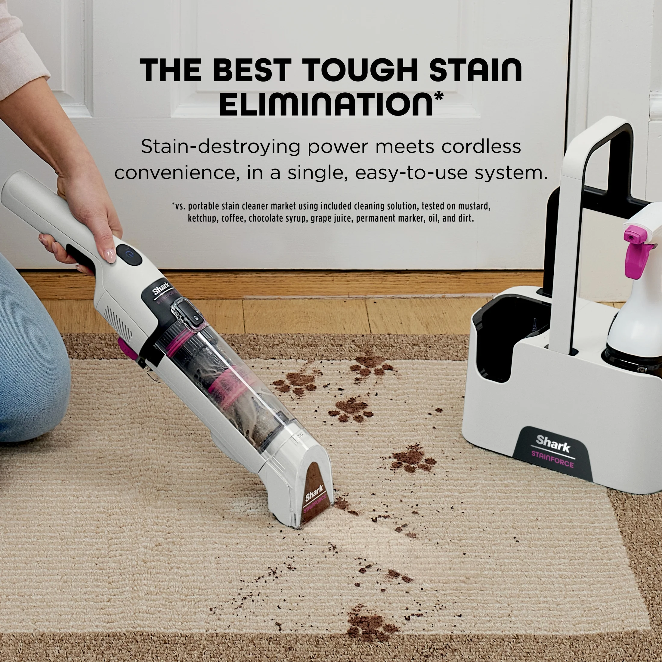 Shark Stainforce Cordless Portable Spot, Stain, & Odor Remover System for Carpets, Area Rugs, Upholstery, Stairs, Cars, with Storage Caddy, and Full - Size Cleaning Solution, White, HX100