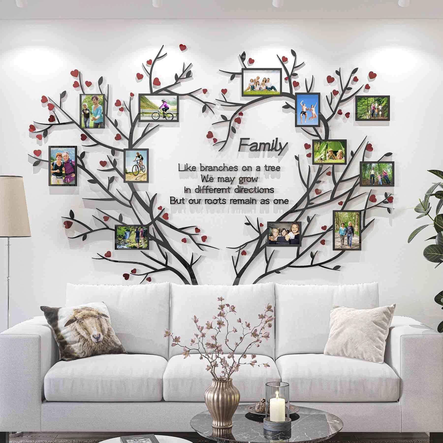 DecorSmart Love Family Tree Wall Decor Picture Frame Collage Removable 3D DIY Acrylic Wall Stickers for Living Room with Red Heart and Quote Family