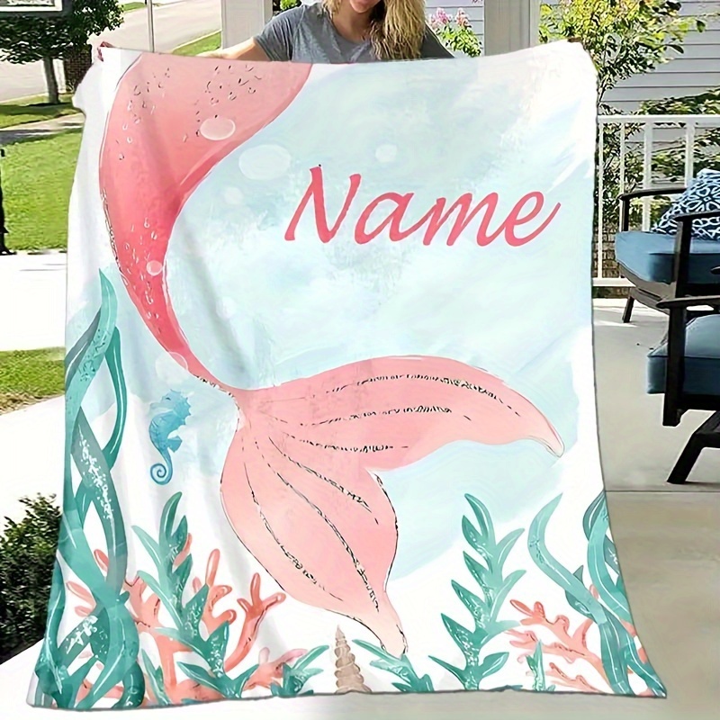 Customized name fishtail personalized text flannel blanket with 2D flat print pattern, personalized text content suitable as a commemorative gift, multi-purpose holiday blanket - wanlinfang