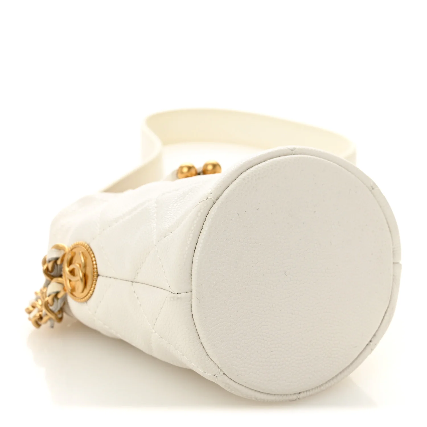 Caviar Quilted Twist Your Buttons Mini Bucket Bag White