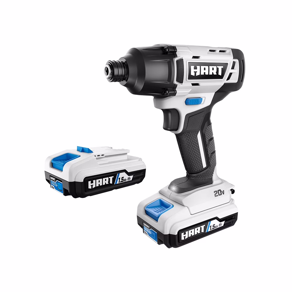 HART 20-Volt Cordless 1/4 Hex Chuck Impact Driver Kit, (2) 1.5Ah Lithium-Ion Batteries, Gen 2