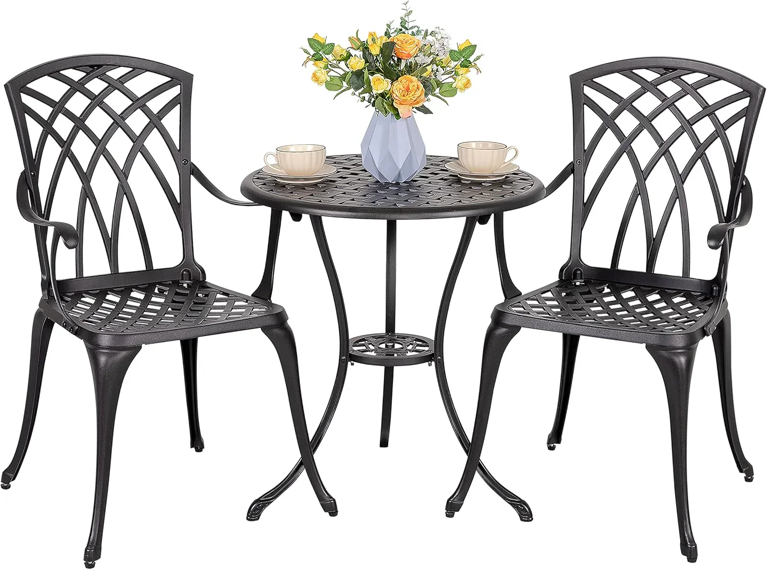 Ensemble bistro NUU GARDEN 3 pièces pour terrasse en aluminium moulé, comprenant une table et deux chaises.