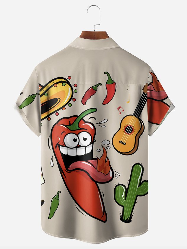 Chemise de vacances à manches courtes avec poche poitrine et piment, inspirée par la culture mexicaine