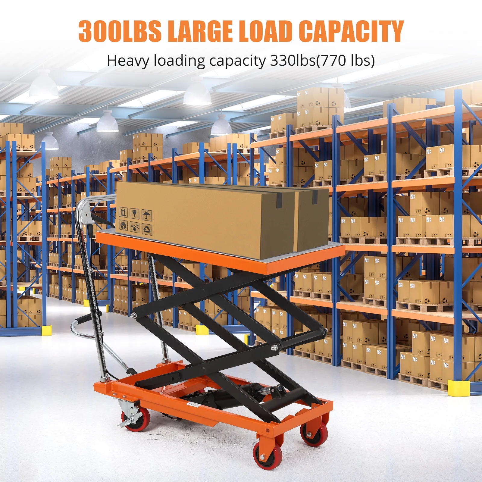 Hydraulic Lift Table Cart 770 lbs Capacity, Adjustable Up to 59" Lifting Height, Manual Double Scissor Lift Table with 4 Wheels 3mm Non-Slip Pads for Safe Material Handling Transport, Orange - Image 6