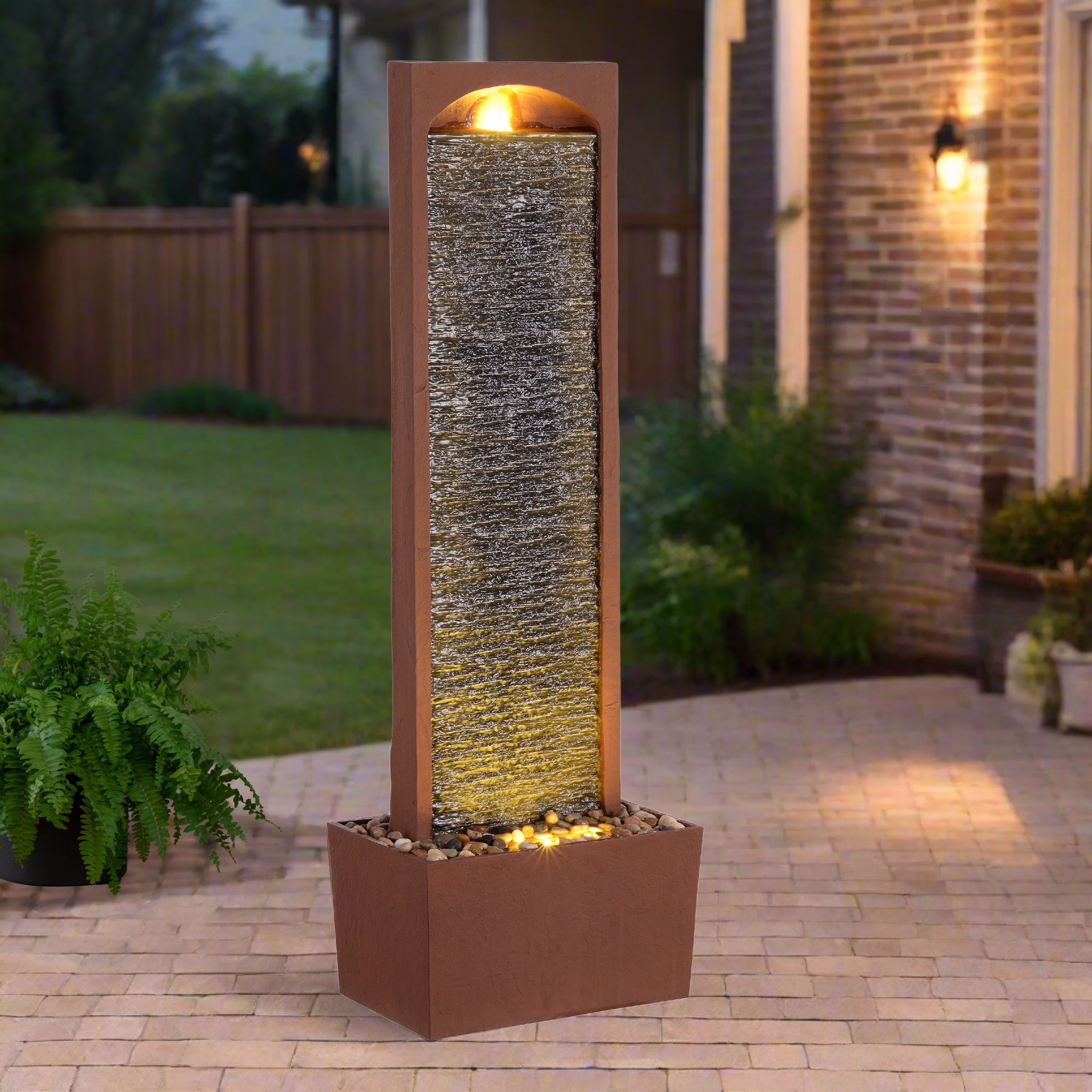 38.5" Faux Slate Contemporary Outdoor LED Waterfall Fountain with Pebble Base, Red Rock(Red)